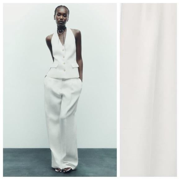 NWT. Zara Oyster White Wide Leg High-Waisted Pants with Darts. Size L.