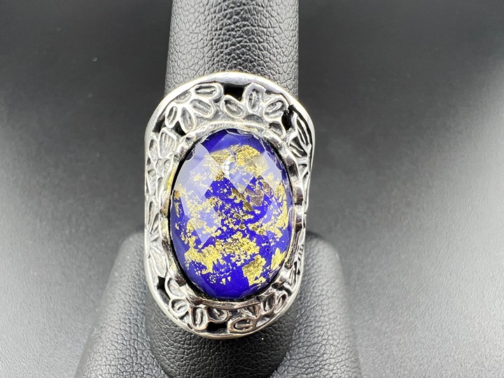 OR PAZ CREATIONS STERLING SILVER 925 BLUE STONE GOLD FLEKS FLORAL RING SIZE 10