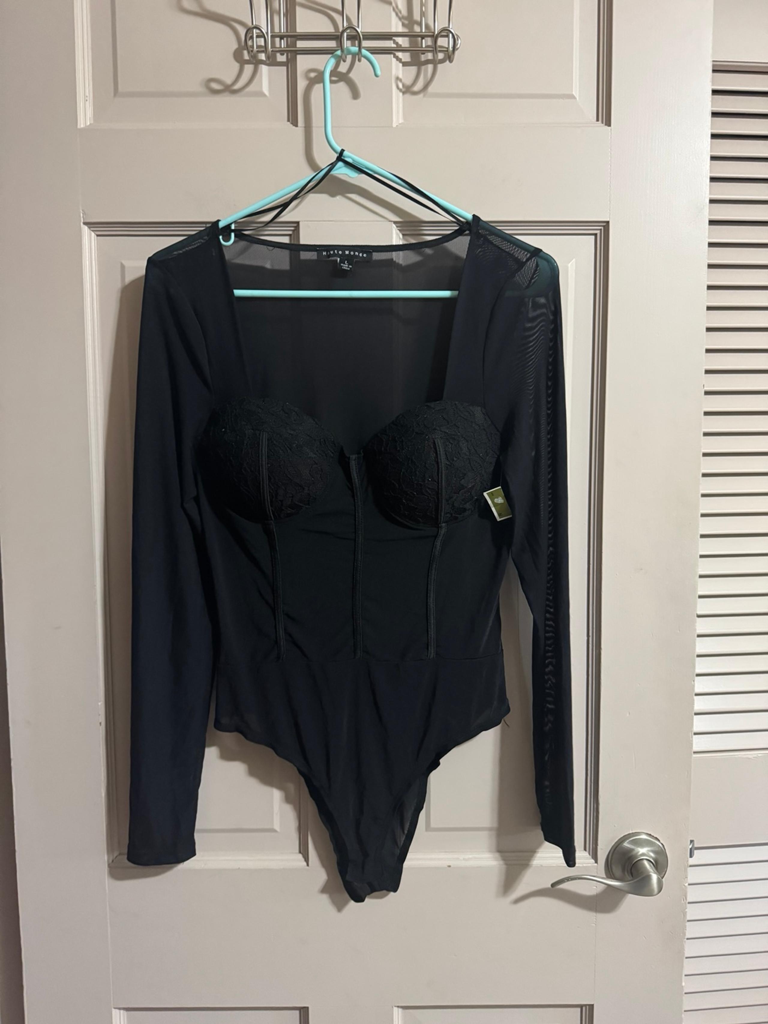 Women’s Lacey Sheer Black Bodysuit NWT Size Large