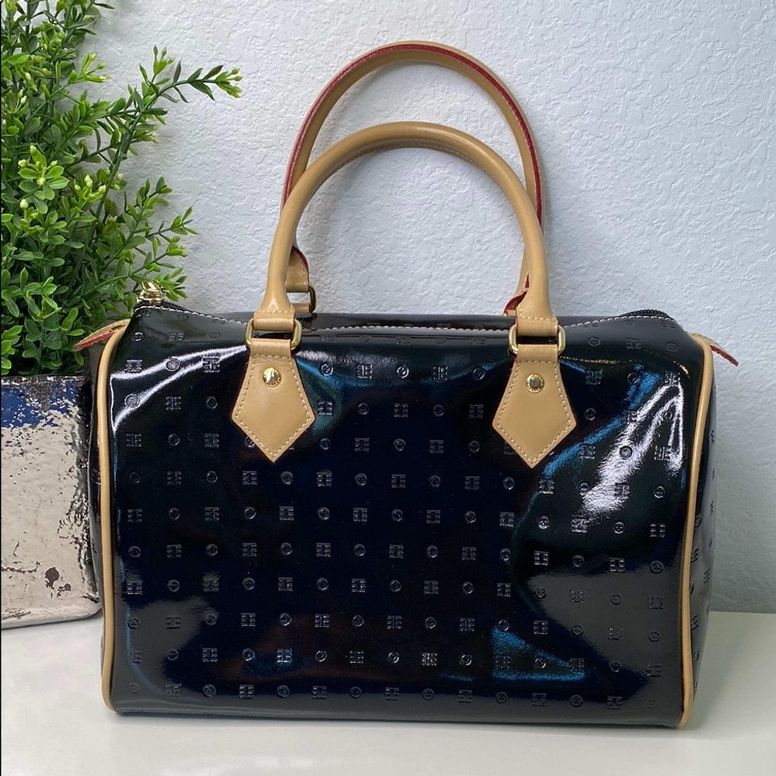Arcadia Black and Tan Patent Calfskin Leather Top Handle Bag and Crossbody Strap