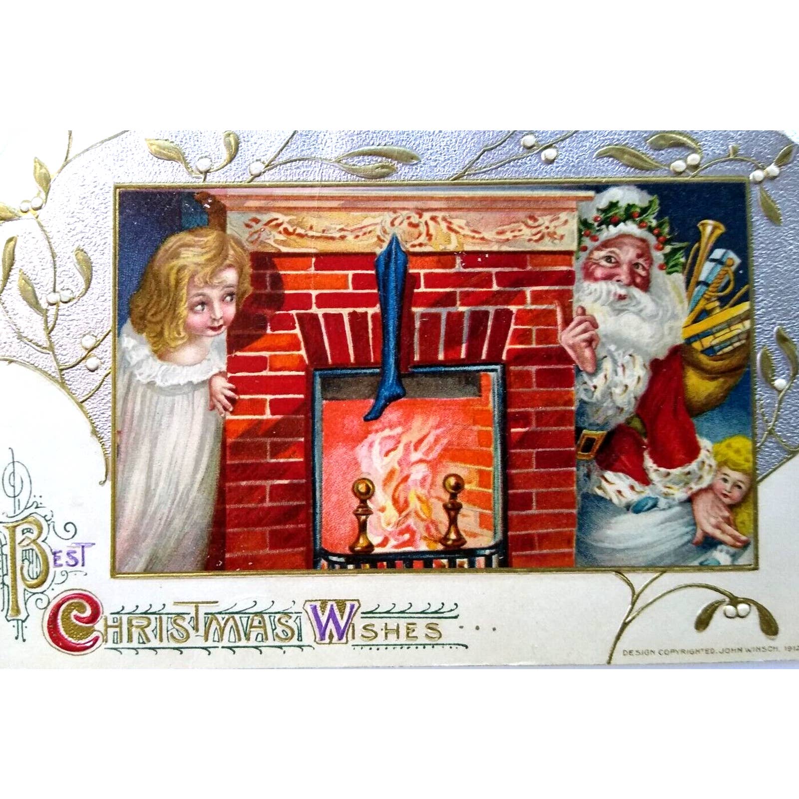 Santa Claus John Winsch Christmas Postcard Girl Fireplace 1912 Germany Embossed