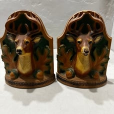 Vintage Deer Head Buck Full Antler Bookends Leaves Acorns Mancave Lodge