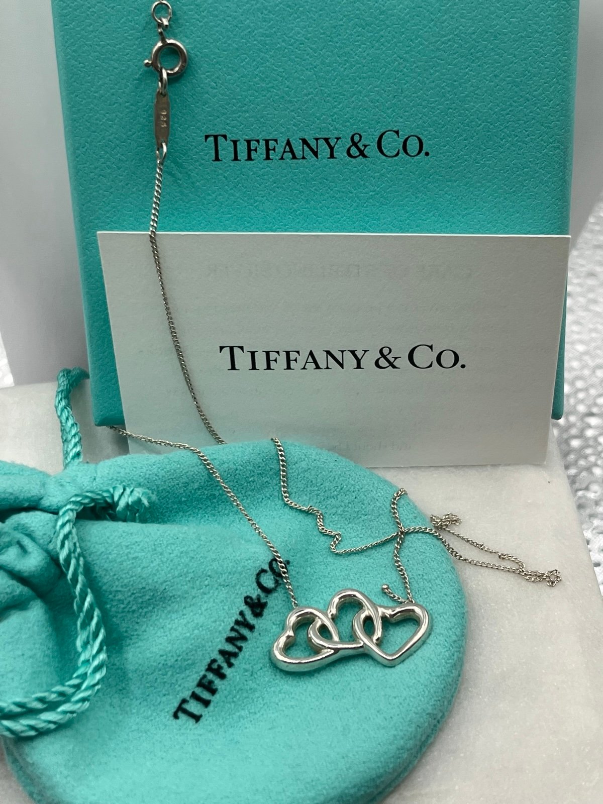 TIFFANY & Co. Sterling Silver Triple Hearts Pendant 19.5 “ Chain Necklace (Auth)