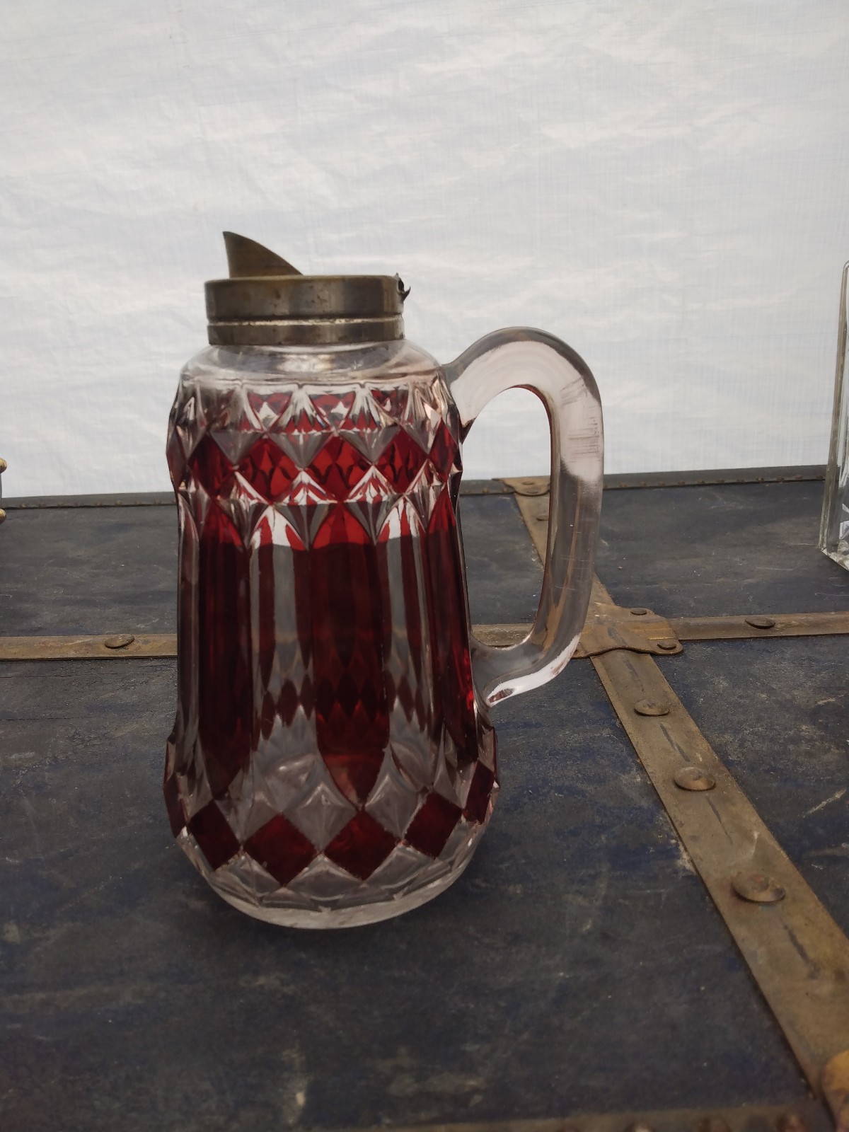 VTG cranberry cut glass syrup container