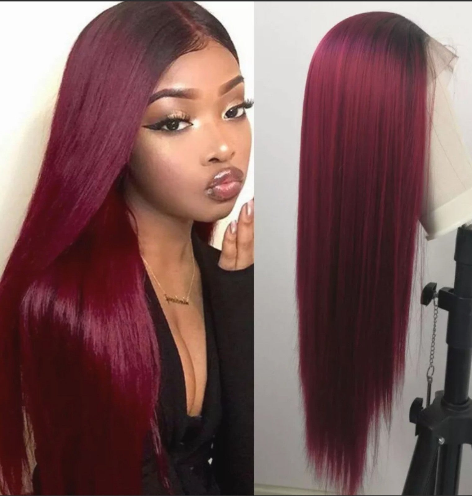 Ombre Burgundy Lace Front Wigs Heat Resistant Synthetic Long Straight Hair Soft