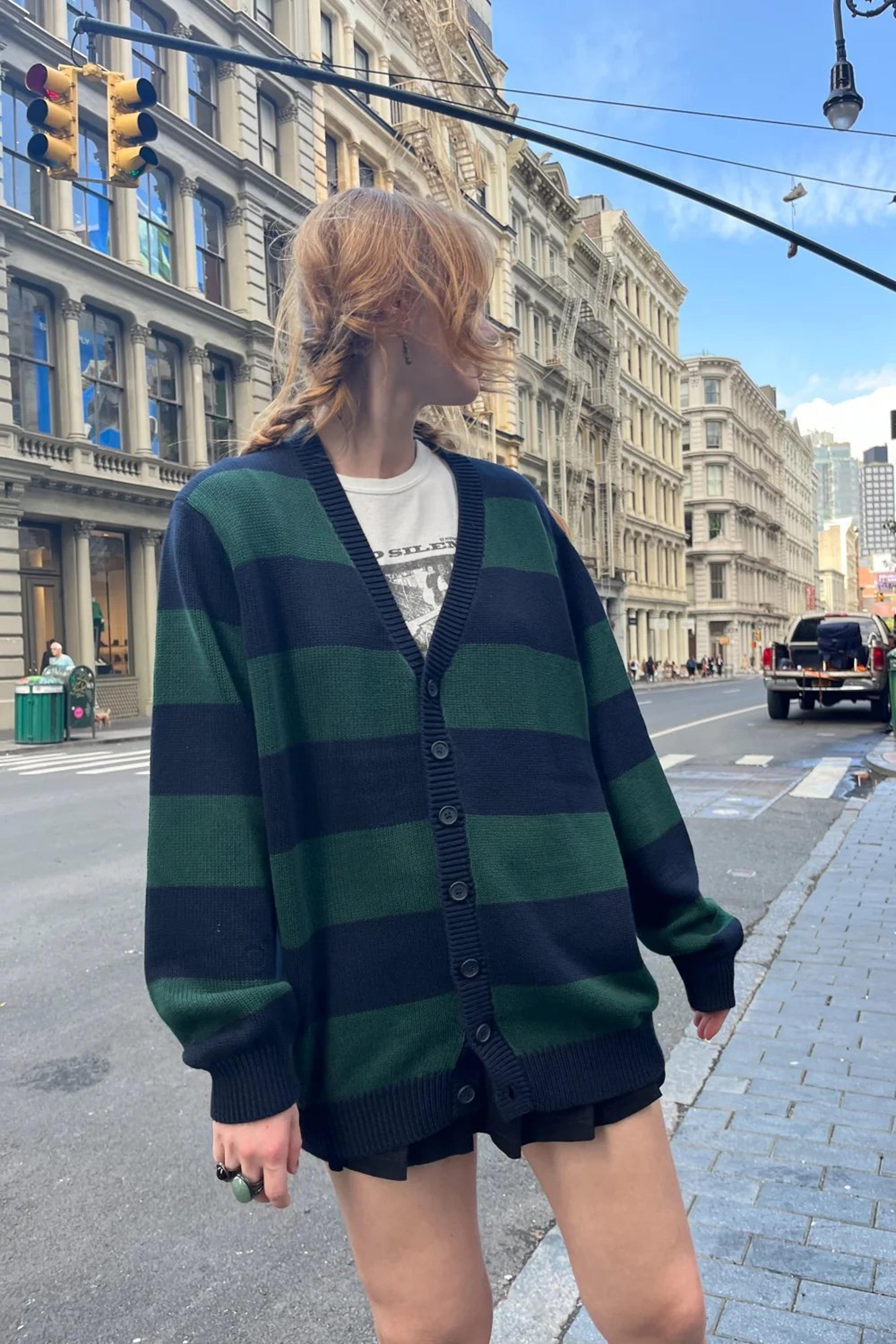 Brandy Melville Maya Green Navy Blue Striped Cardigan one size