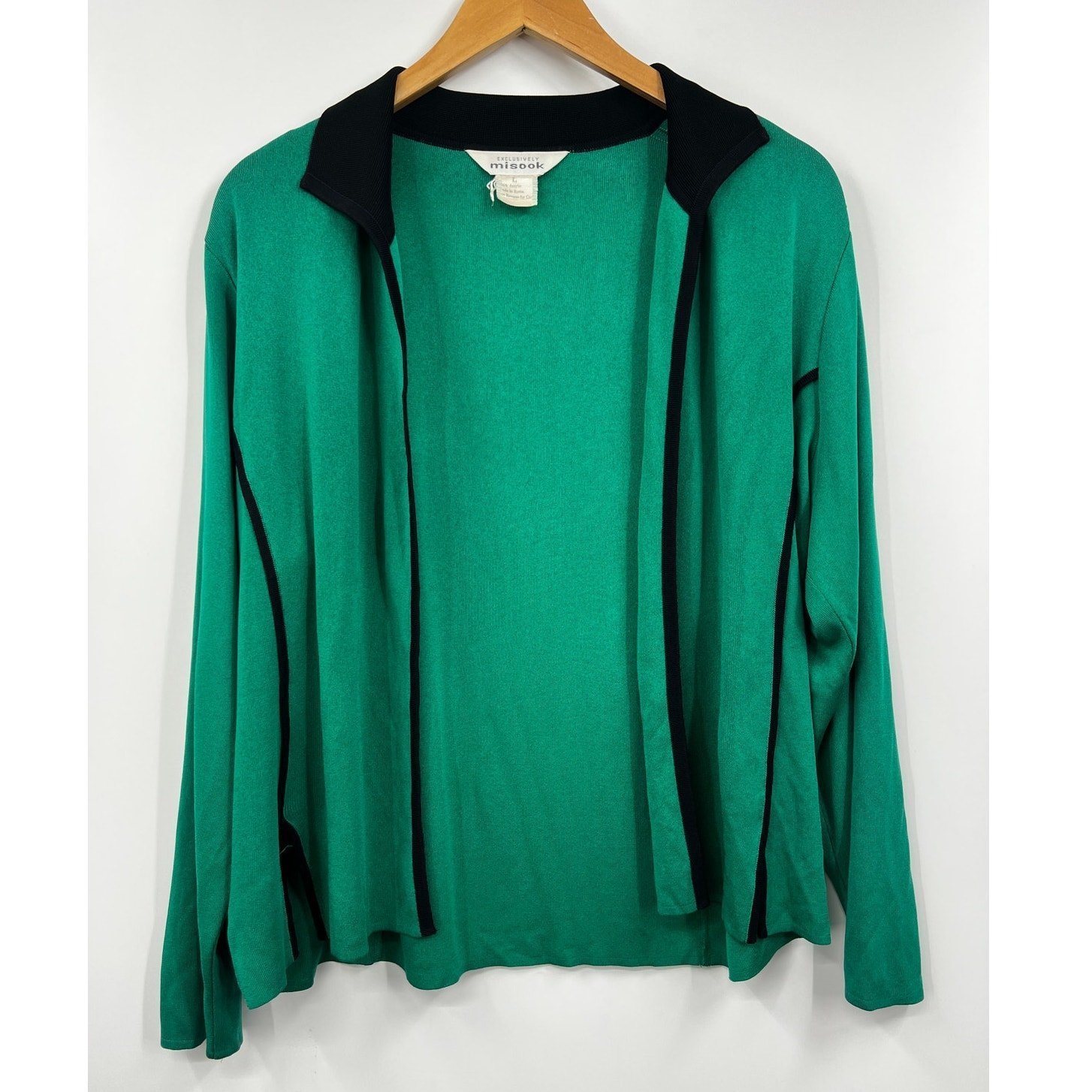 Exclusively Misook Green Black Acrylic Knit Open Front Cardigan Sweater Size L
