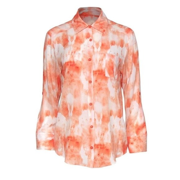 Alice & Olivia Orange & Cream Watercolor Print Button-Up Silk Blend Blouse,M