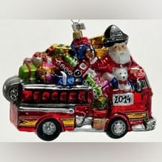 Santa Riding a Fire Truck full of Christmas Gifts Glass Ornament Neiman Marcus