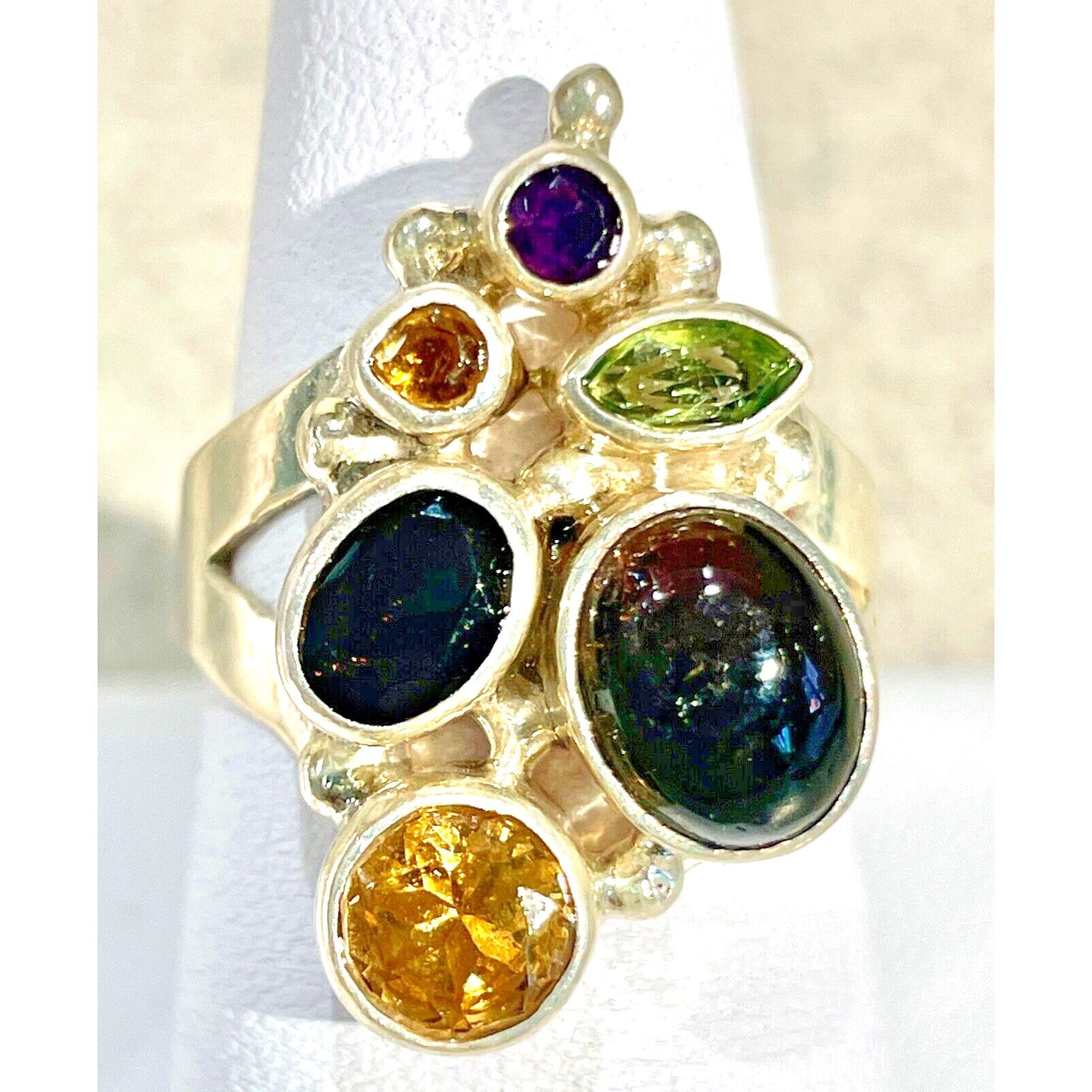 Shankari 925 Silver & 6 Gemstone Ring Peridot Garnet Citrine Topaz Quartz Sz 8 L