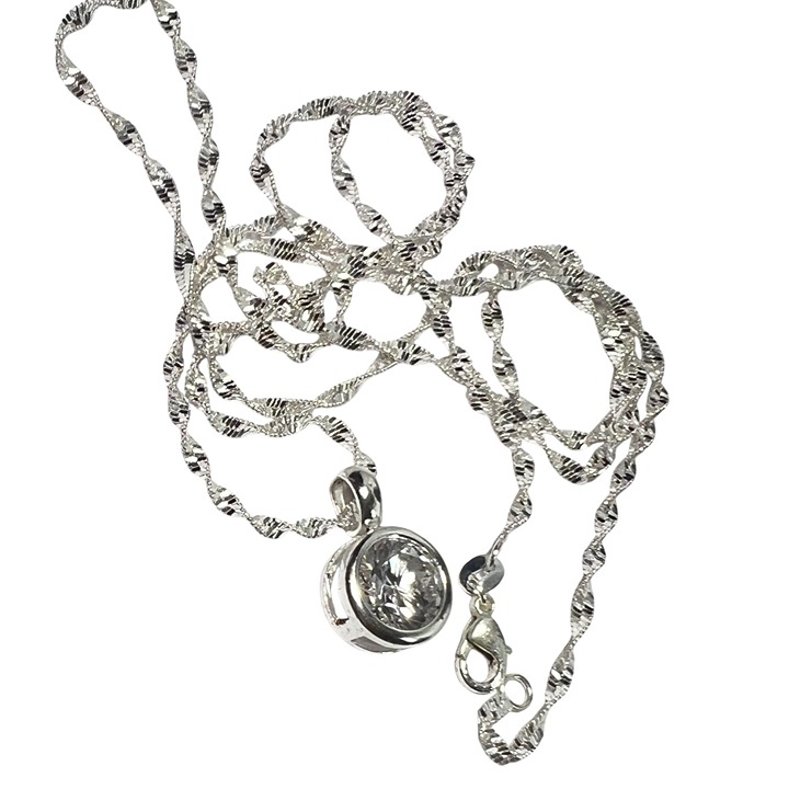 Sterling Silver Twisted Diamond Cut Chain Necklace Round faceted Crystal Pendant