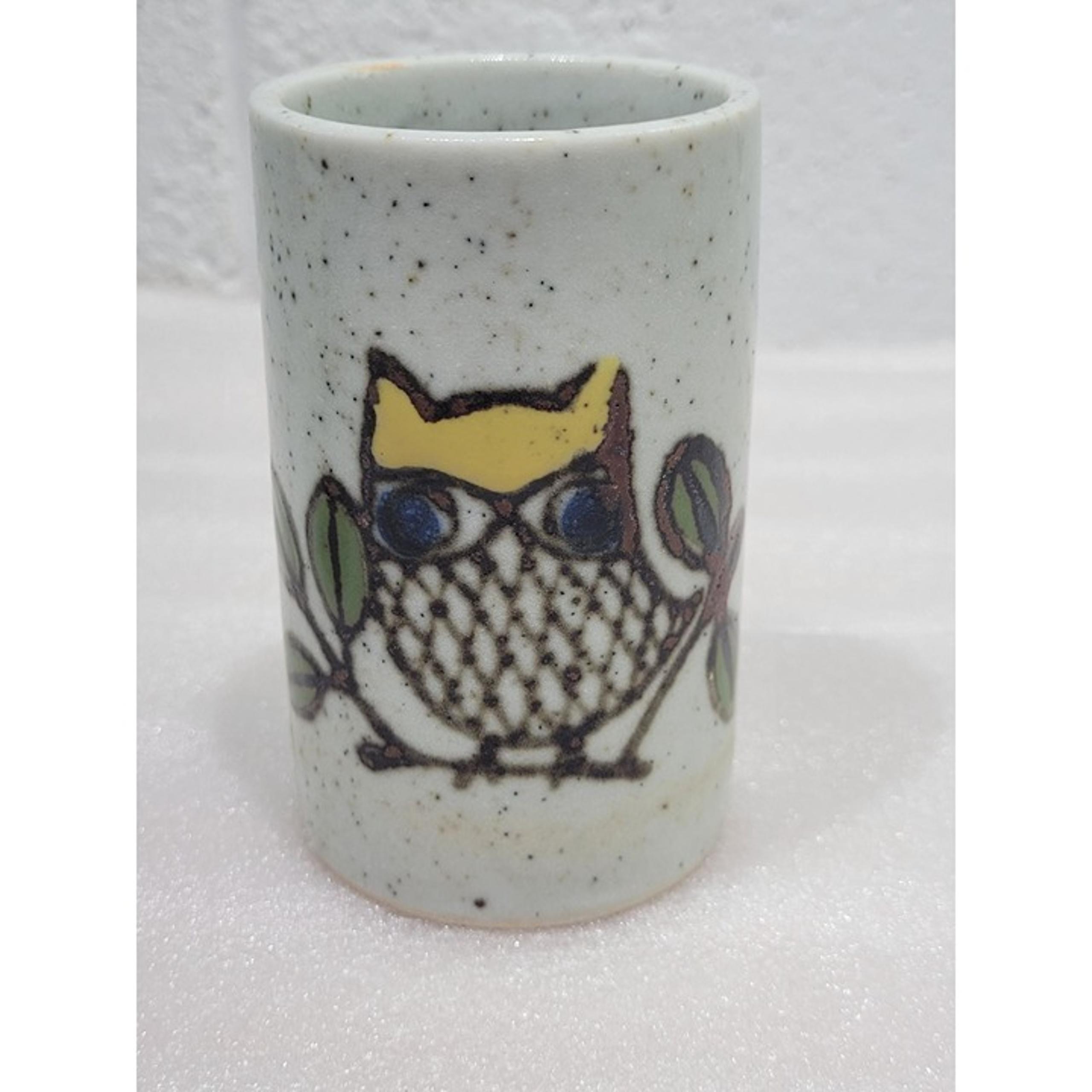 Vintage Otagiri Stoneware Glass Owl Japan Speckled Vase Pen Pencil Holder 4"