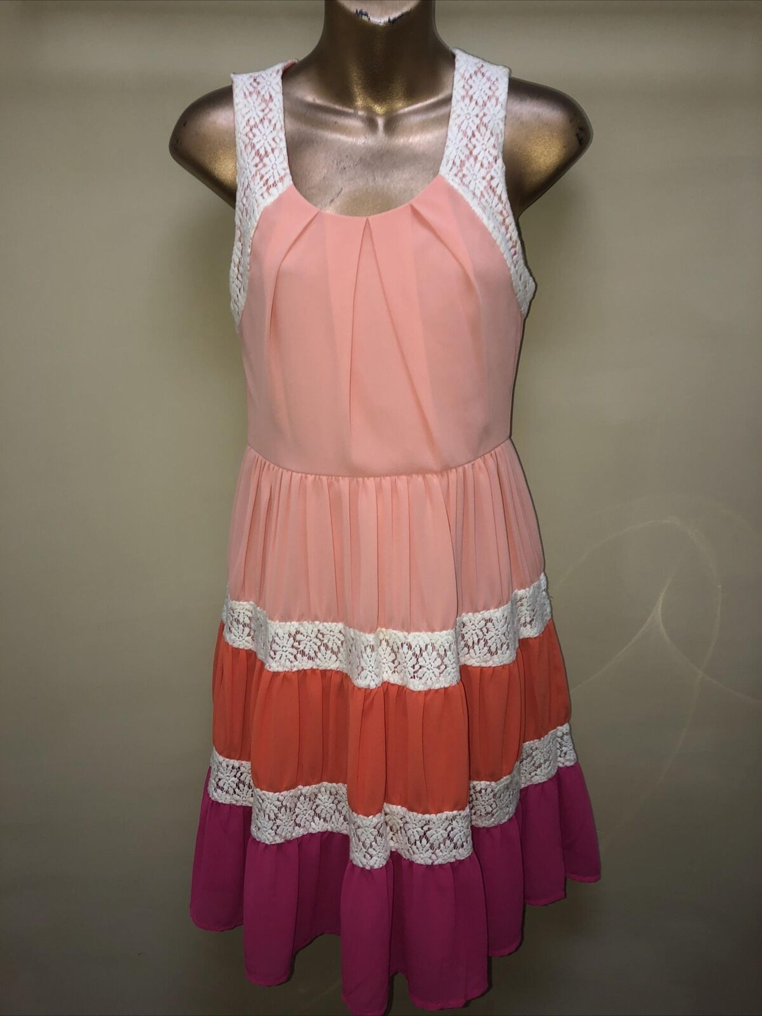 Ya Los Angeles Womens Dress Size S Orange Coral Pink Lace Stripes Sleeveless
