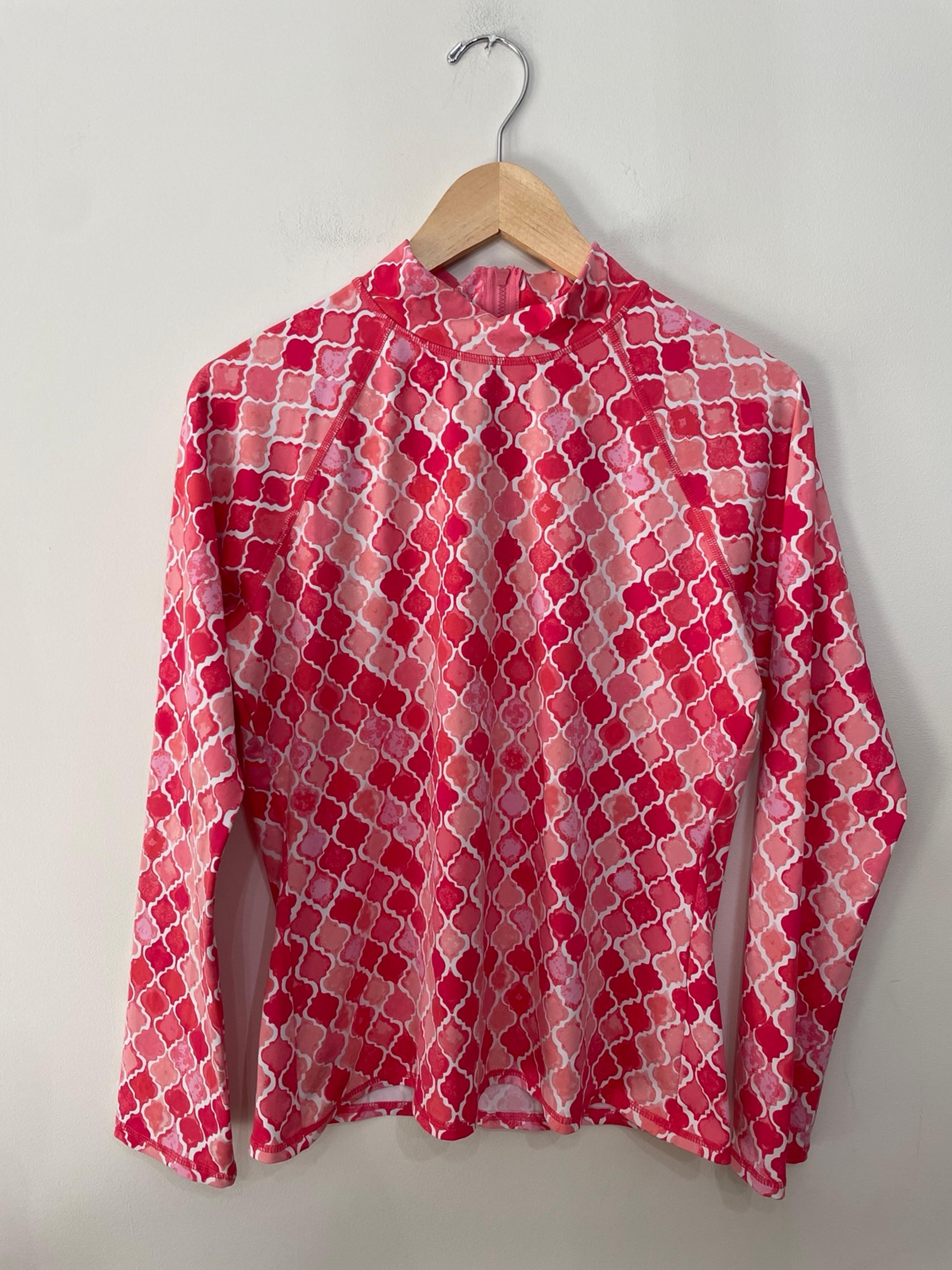 Garnet Hill Sun Shirt Mock Neck Back Zip Rash Guard Pink Geometric Swim Womens L