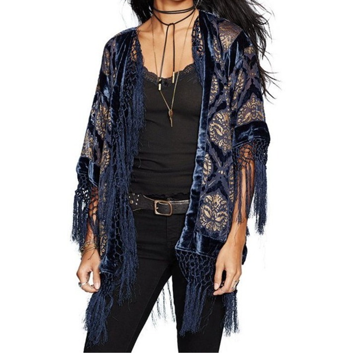NWT Denim & Supply Ralph Lauren Burnout Velvet Fringe Kimono Womens XS/S Boho