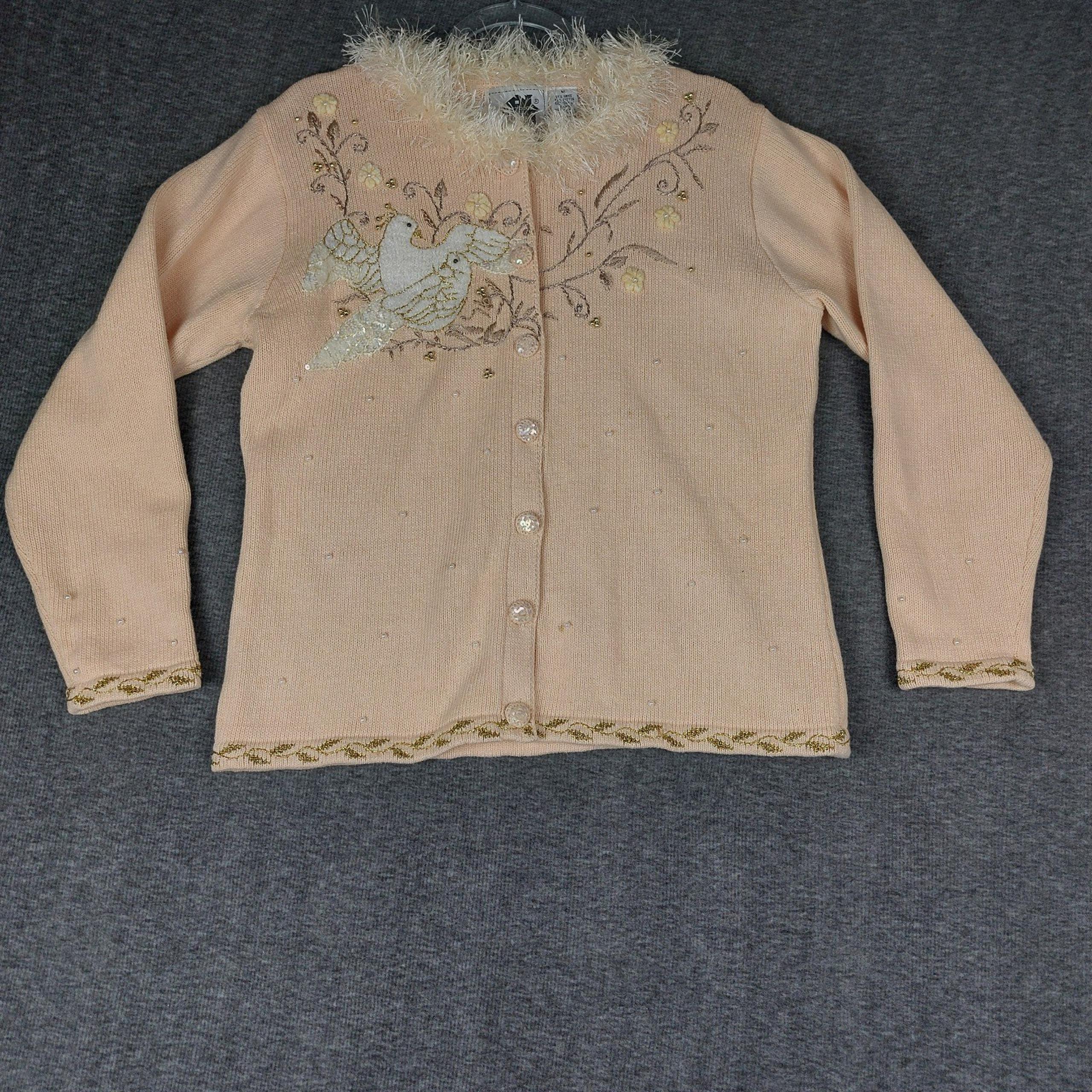 STORYBOOK KNITS WOMENS PINK EMBROIDERED EMBELLISHED DOVE BUTTON UP CARDIGAN SZ M