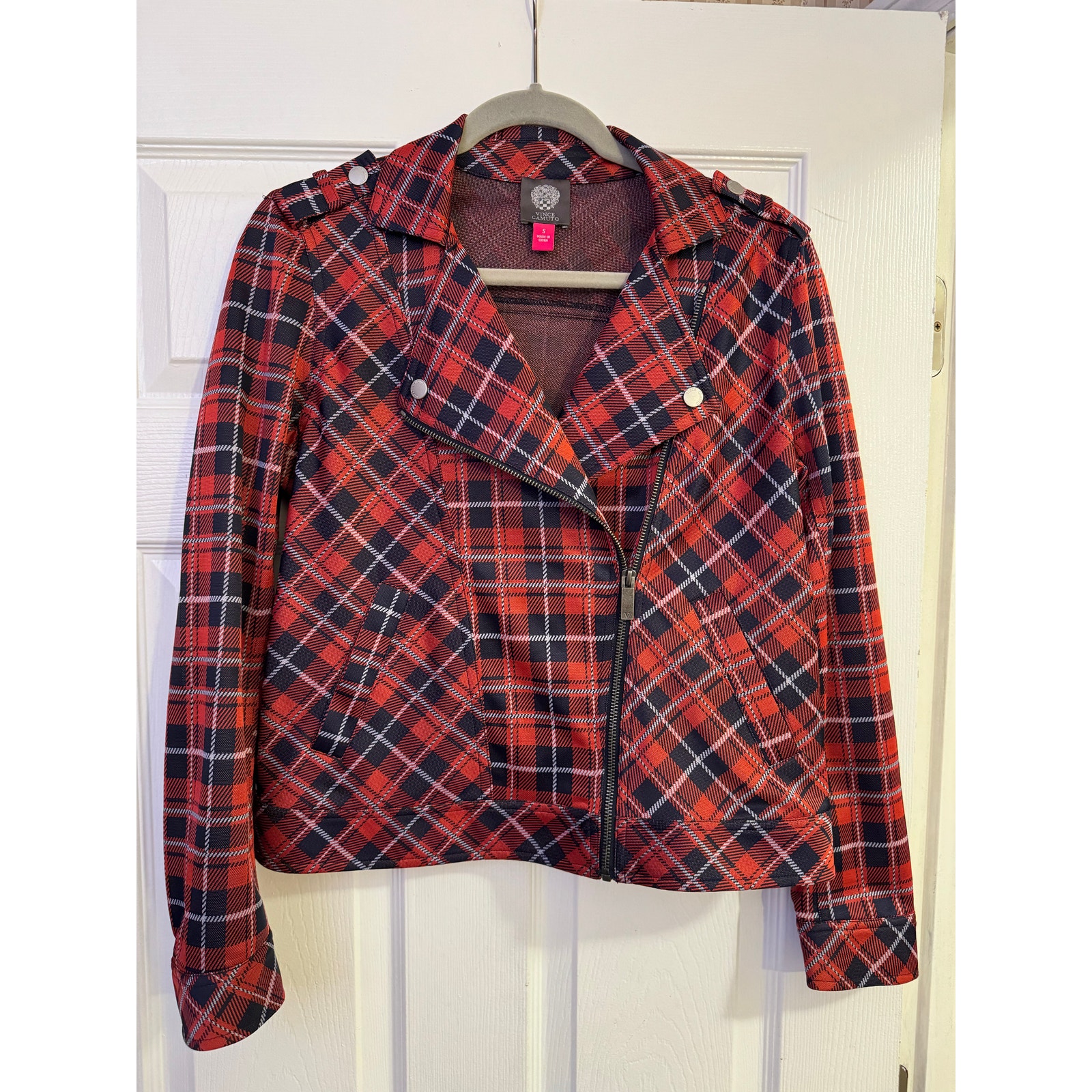Vince Camuto Plaid Knit Moto Zip Jacket Burnt Amber Tartan
