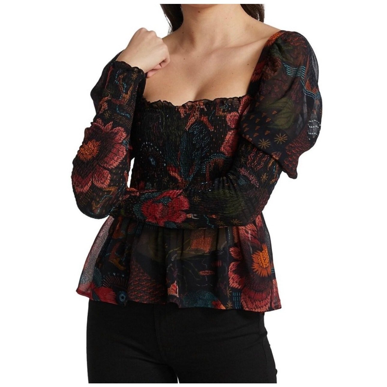 FARM Rio NWT Black River Creatures Smocked Floral Chiffon Sheer Blouse XS