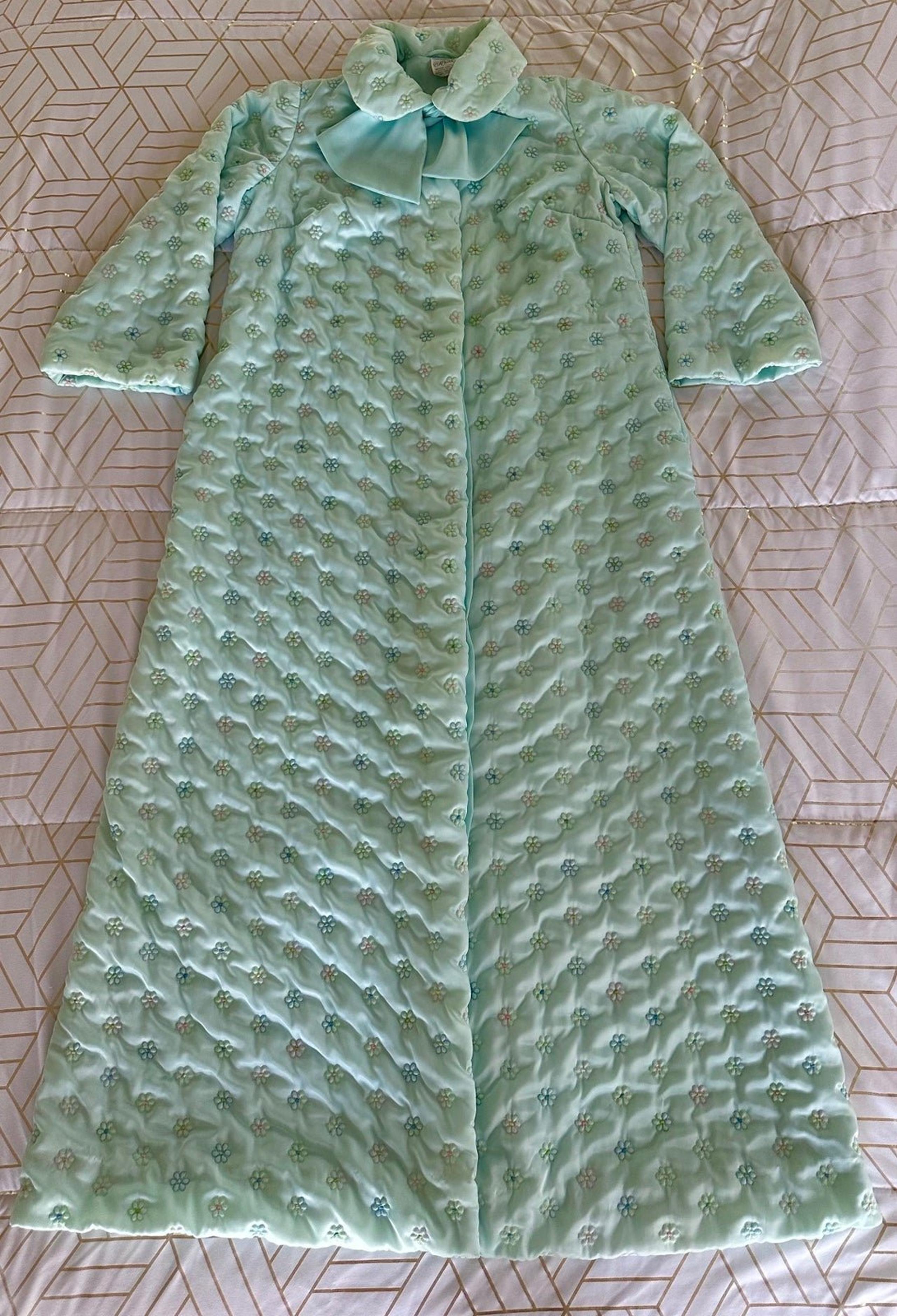Extra Long Satin-like Warm Quilted Aqua Blue Floral VINTAGE Robe L - Ariel