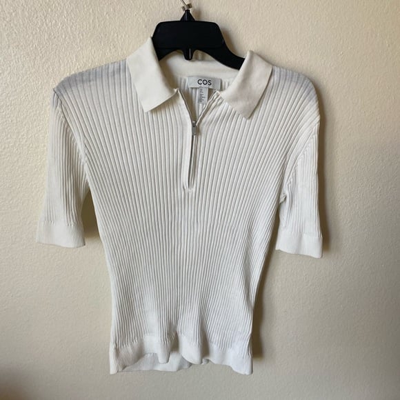 COS Women’s Ribbed Polo Shirt Knitwear Tennis Club Athleisure Shirt in White