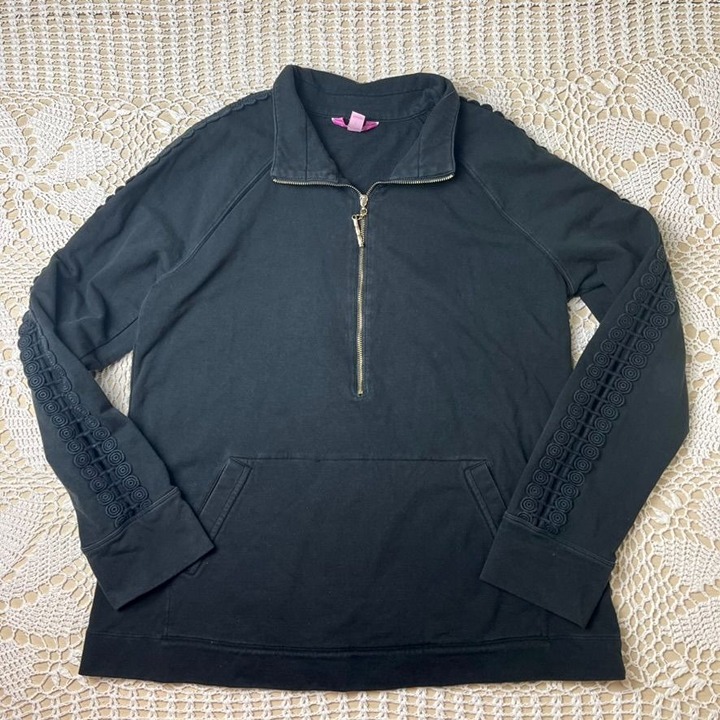 Lilly Pulitzer Womens Large Skipper Solid Black Popover Lace Sleeves Pullover
