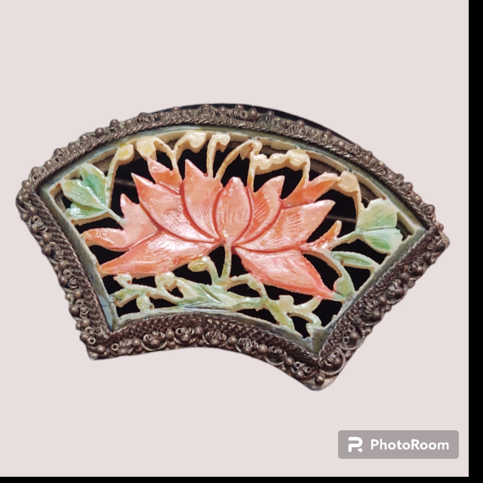 Antique Chinese Carved LOTUS Natural Jadeite Jade Sterling Brooch, art nouveau