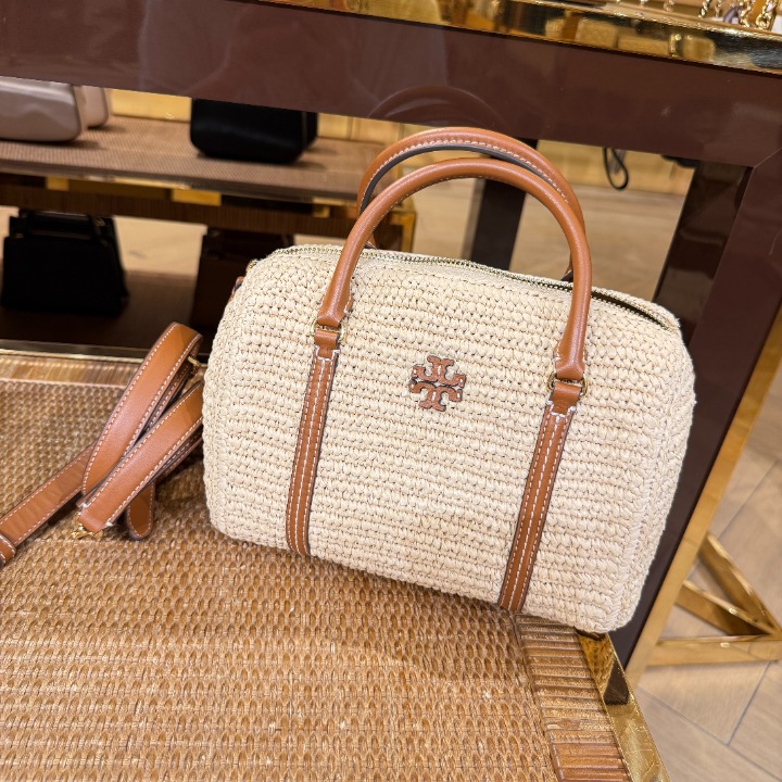 ショルダーバッグ・ポシェット Tory Burch Thea Raffia Satchel 165998 Tory Burch Thea Raffia Satchel 165998 Coffee Cream Crossbody