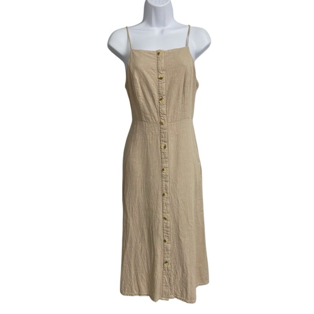 Old Navy Button Front Linen Blend Fit & Flare Dress Women's Sz M Beige Coquette