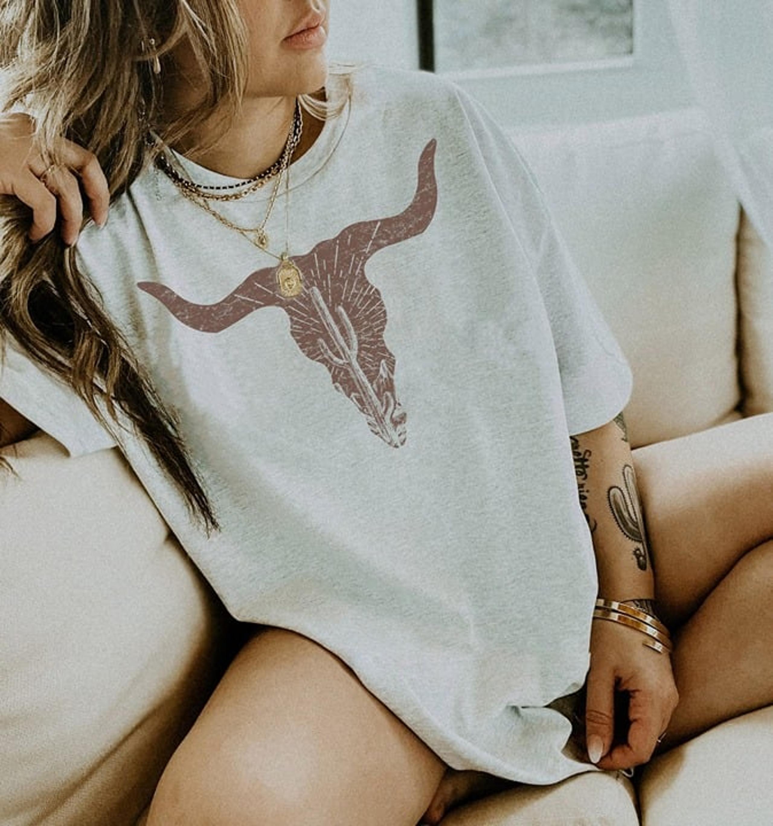 Cow Skull Desert Silhouette Shirt or Southwest Boho Longhorn Buffalo Tshirts or