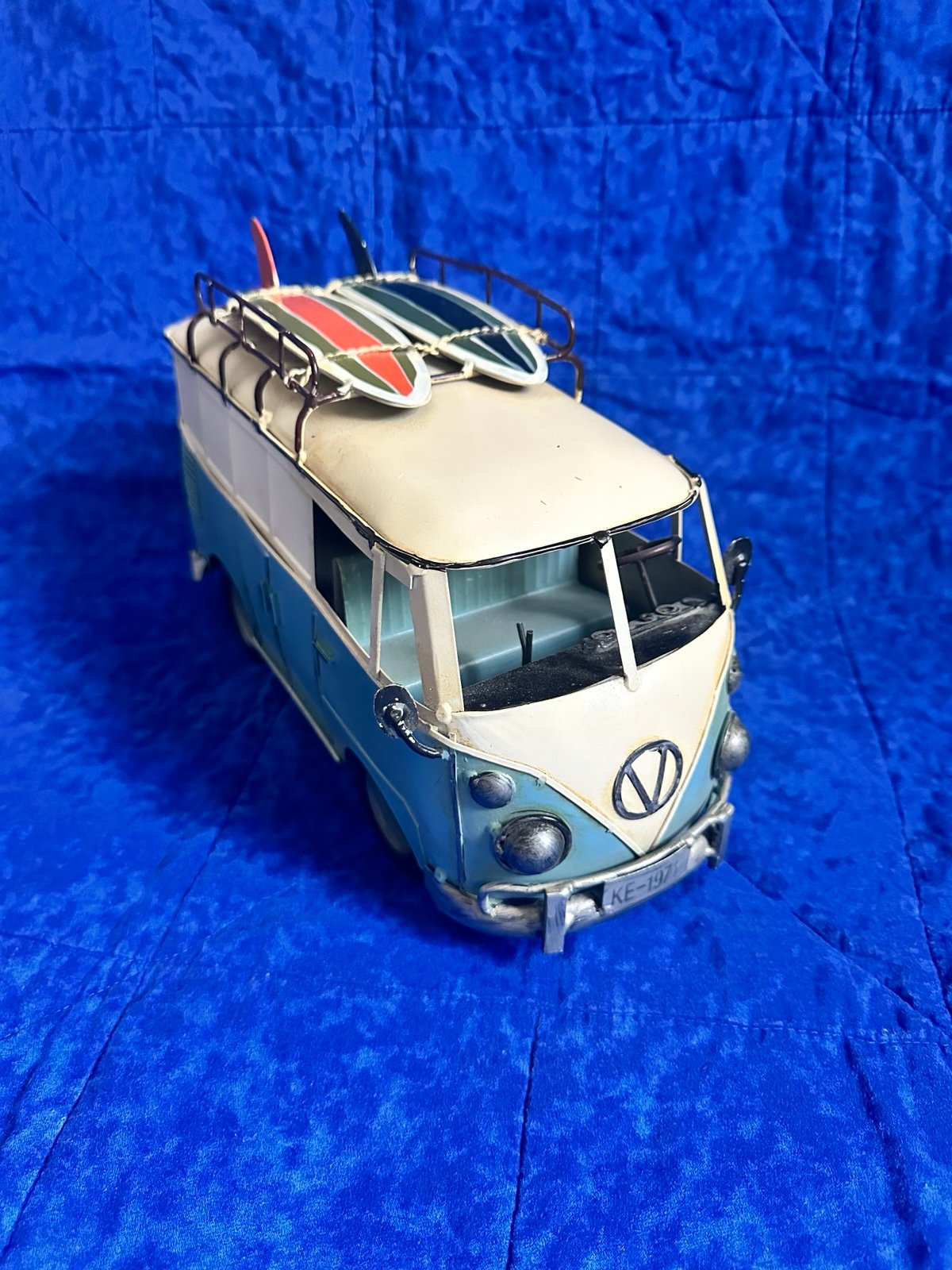 Vintage Decorative 1971 Camper Van Bus Tin With Surfboards Home Decor CLEAN