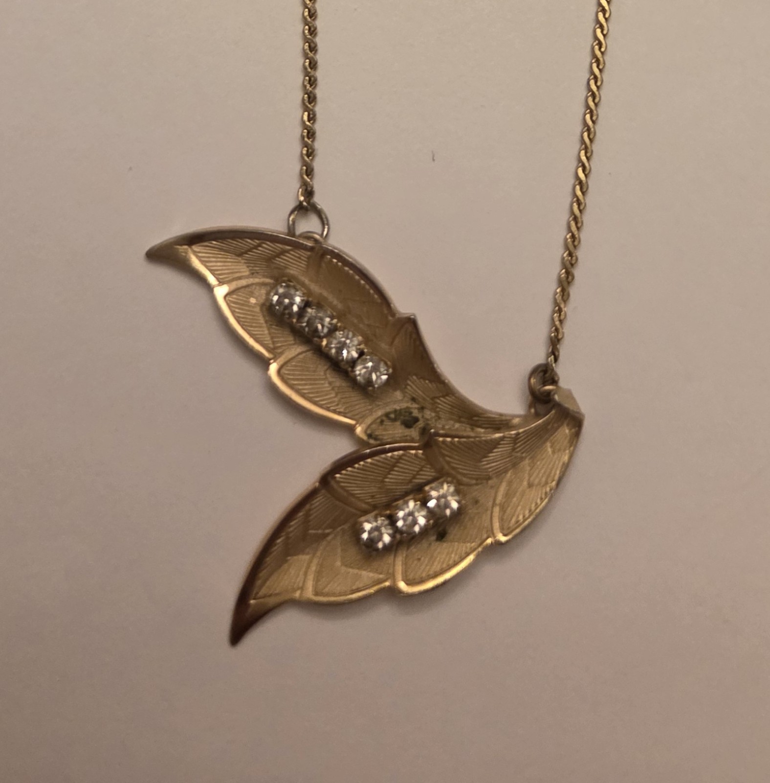 Diamond and gold leaf necklace with Gold plated chain vintage simple elegance