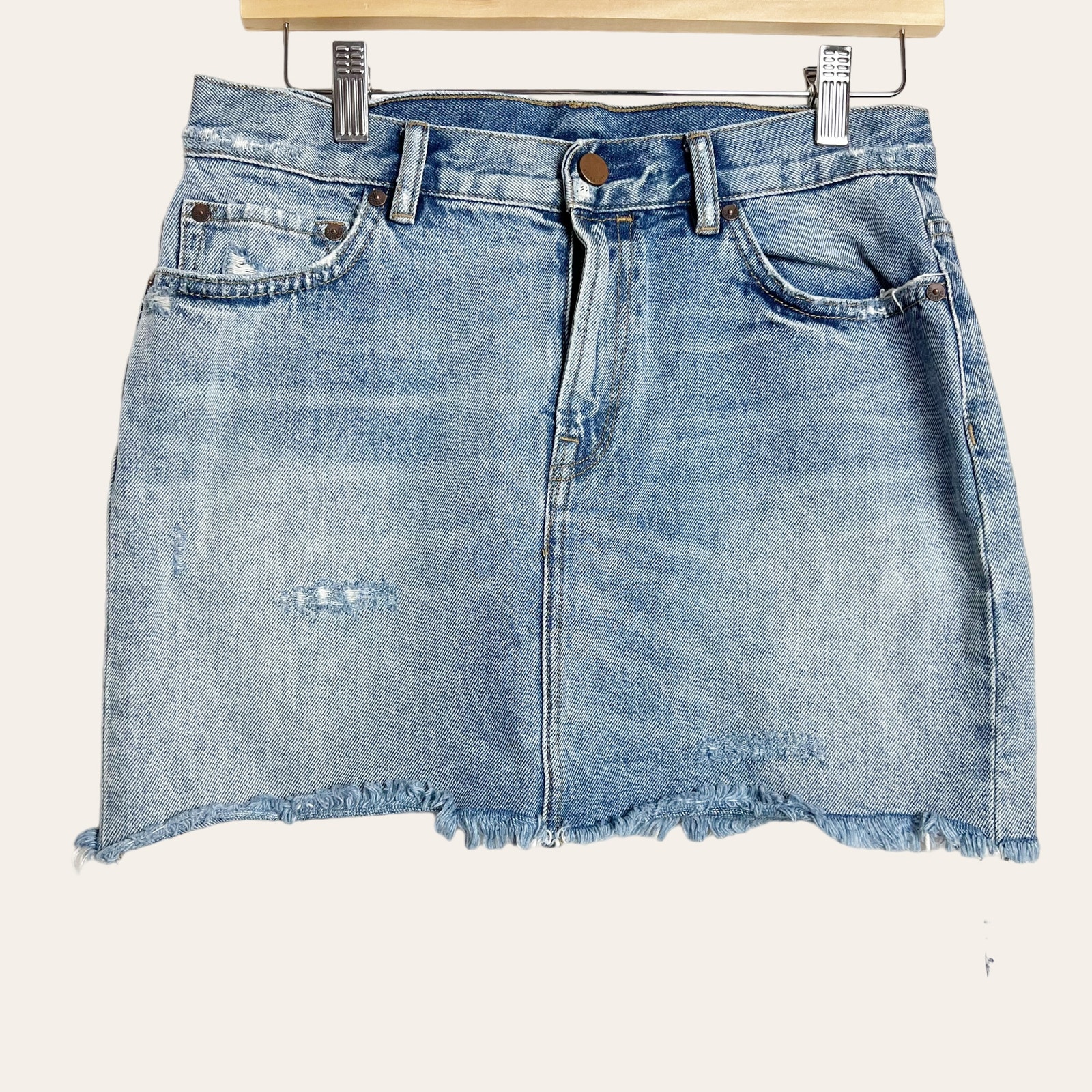 All Saints Distressed Raw Hem Blue Denim Jean Mini Skirt Size 6