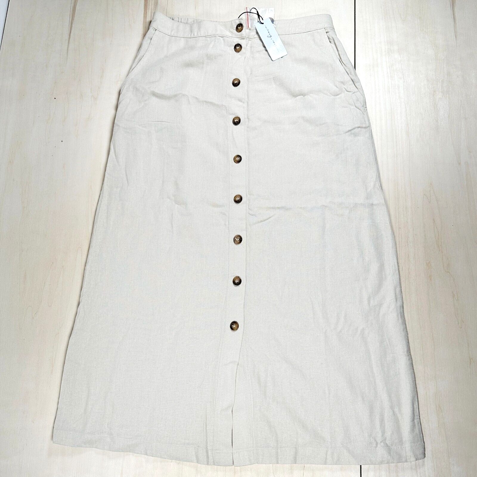 NWT Hunter & Brown S Tan Cream Linen Blend Button Down Skirt Long Pockets