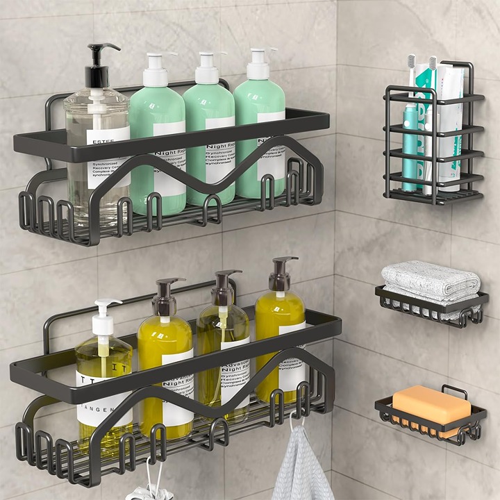 Shower Caddy Shower Shelves 5-Pack Adhesive Shower Organizer Black