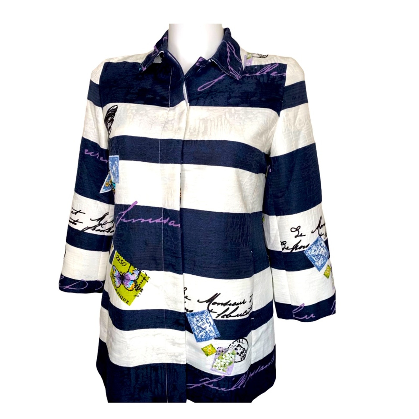 Chico’s size one Jacket Stamps Travel Striped Medium