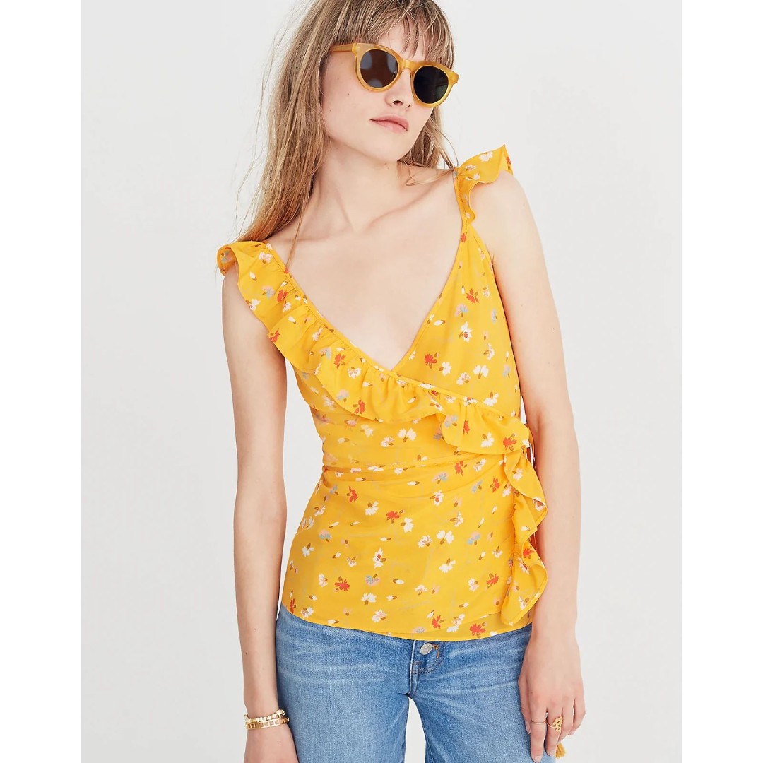 NWT MADEWELL Silk Wrap Cami Top in Painted Yellow Orange Carnations Size 14