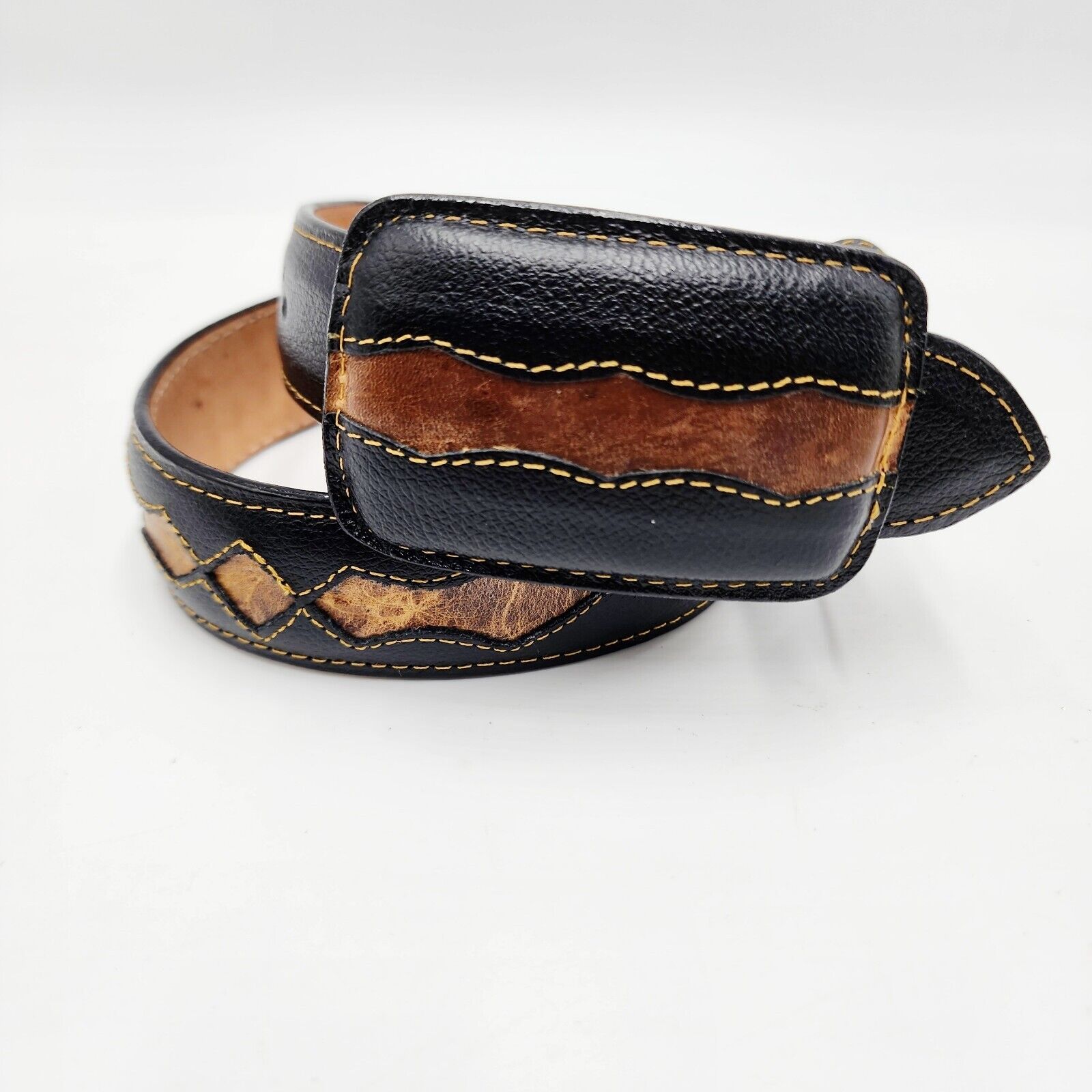 Vintage Black Leather Belt Western Brown Inlay Mexico Statement Buckle 23-29.5