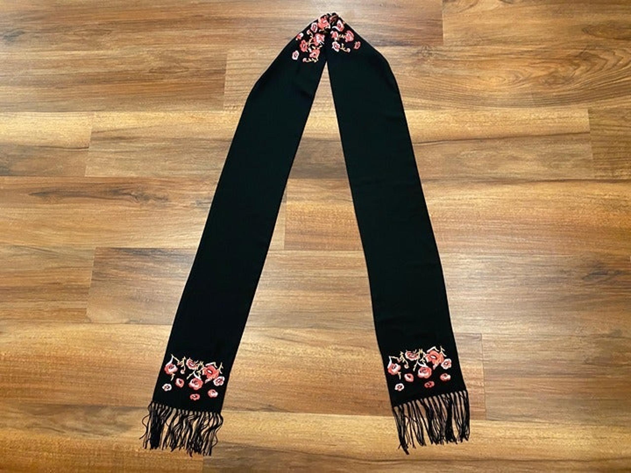 White House Black Market Black Scarf w Floral Detailing and Fringed Ends