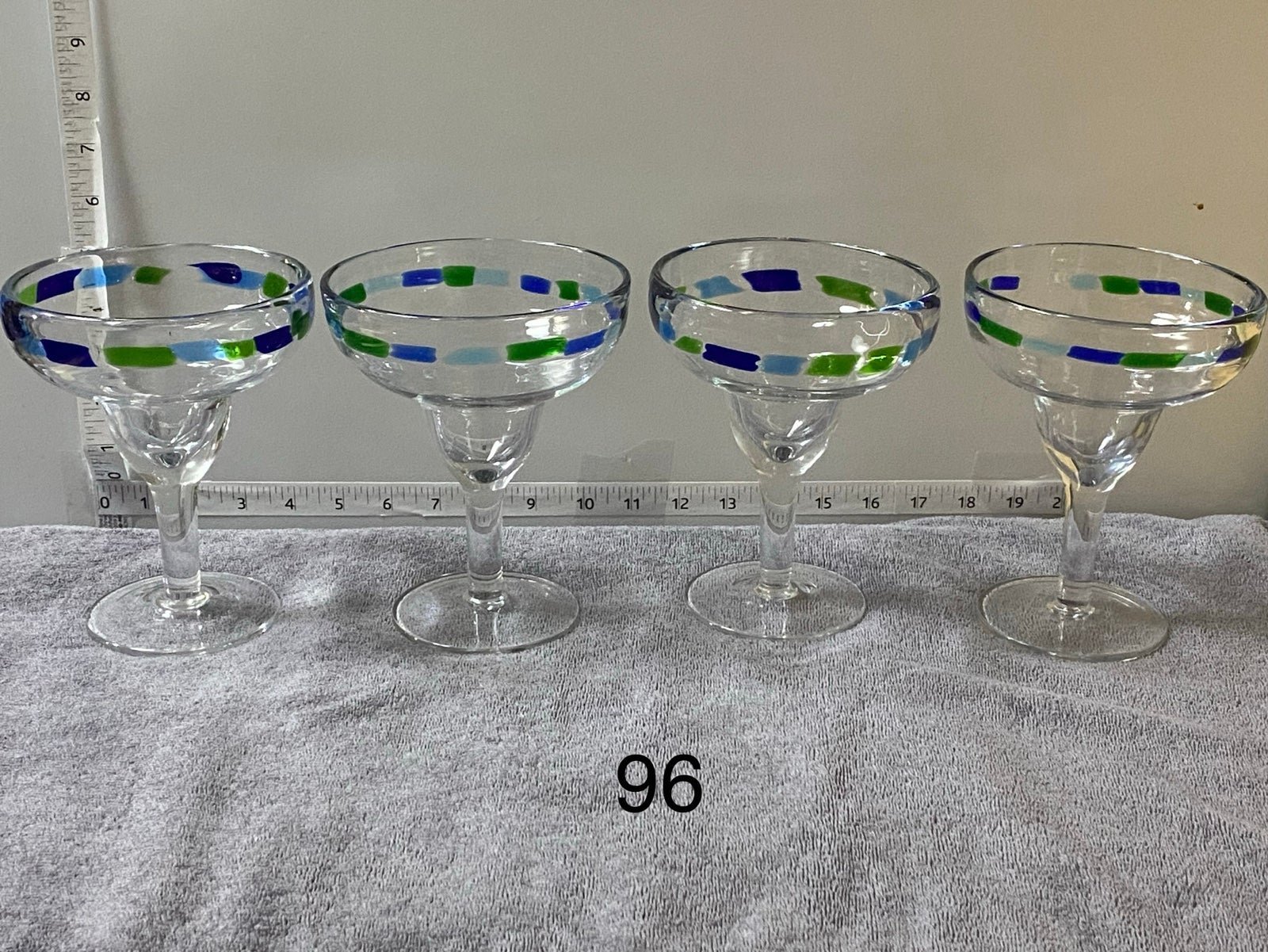 Set of (4) Beautiful Fused blues & green Hand Blown Margarita Glasses. 10oz.