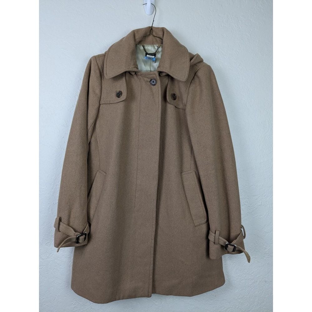 Y2K J Crew Wool OverCoat Womens Sz 4 Tan Camel Lined Winter Jacket Hood Collar