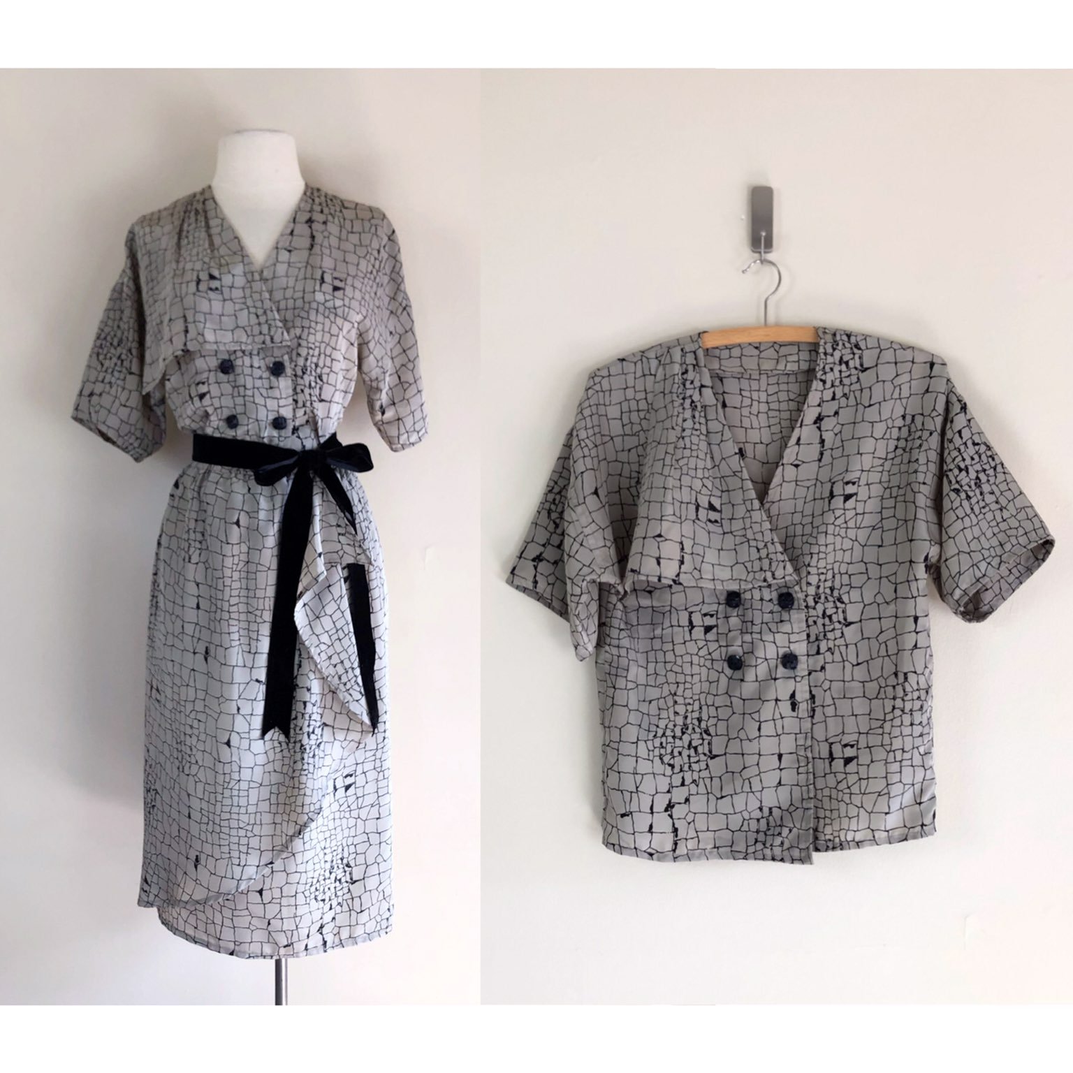 vintage 80s snake skin print blouse skirt set dress abstract animal asymmetrical