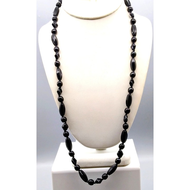Antique Czech Glass Black Beads, French Jet Beaded Strand Flapper Necklace