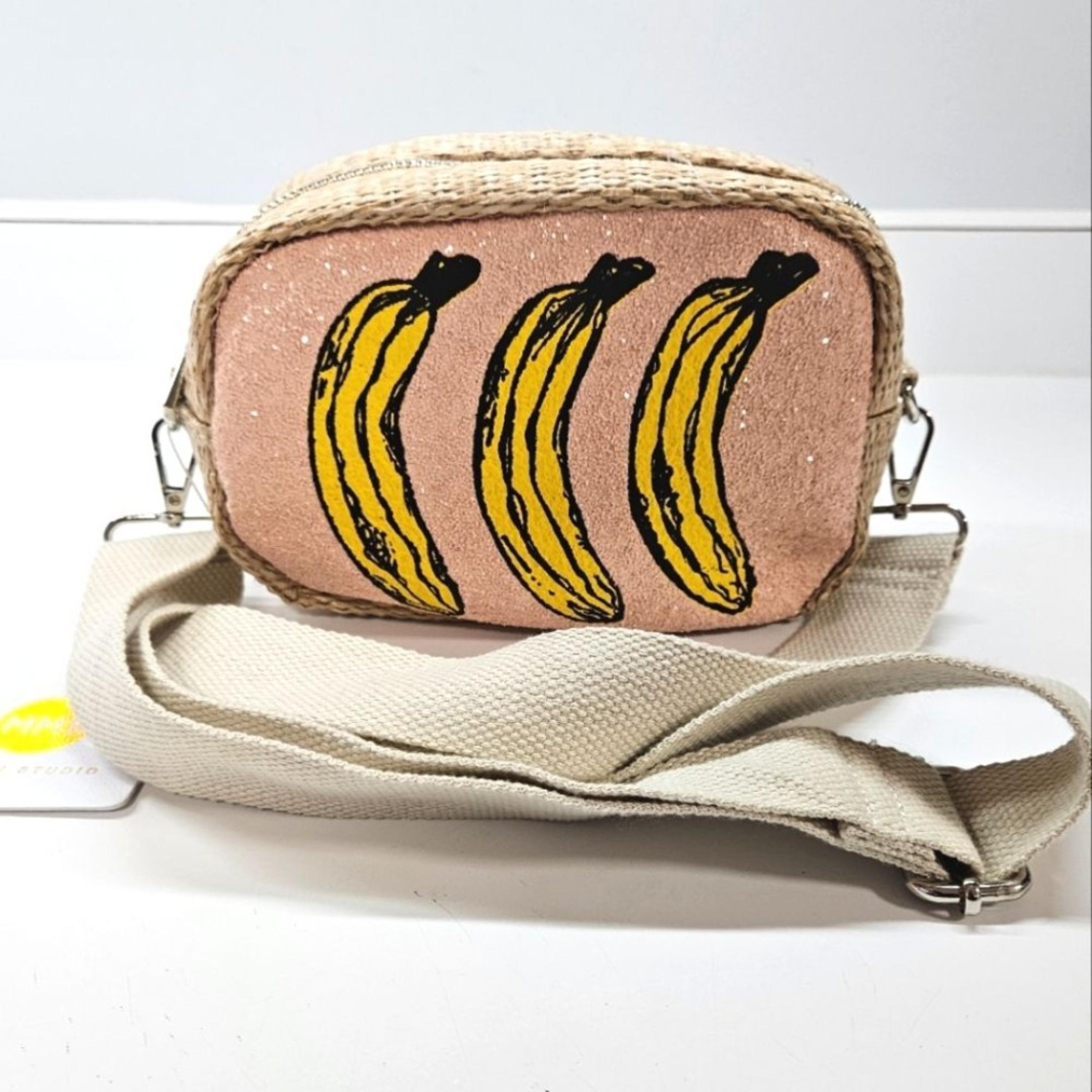 NEW Rare MMS Design Studio Pink Glitter Bananas Crossbody Raffia Bag Purse