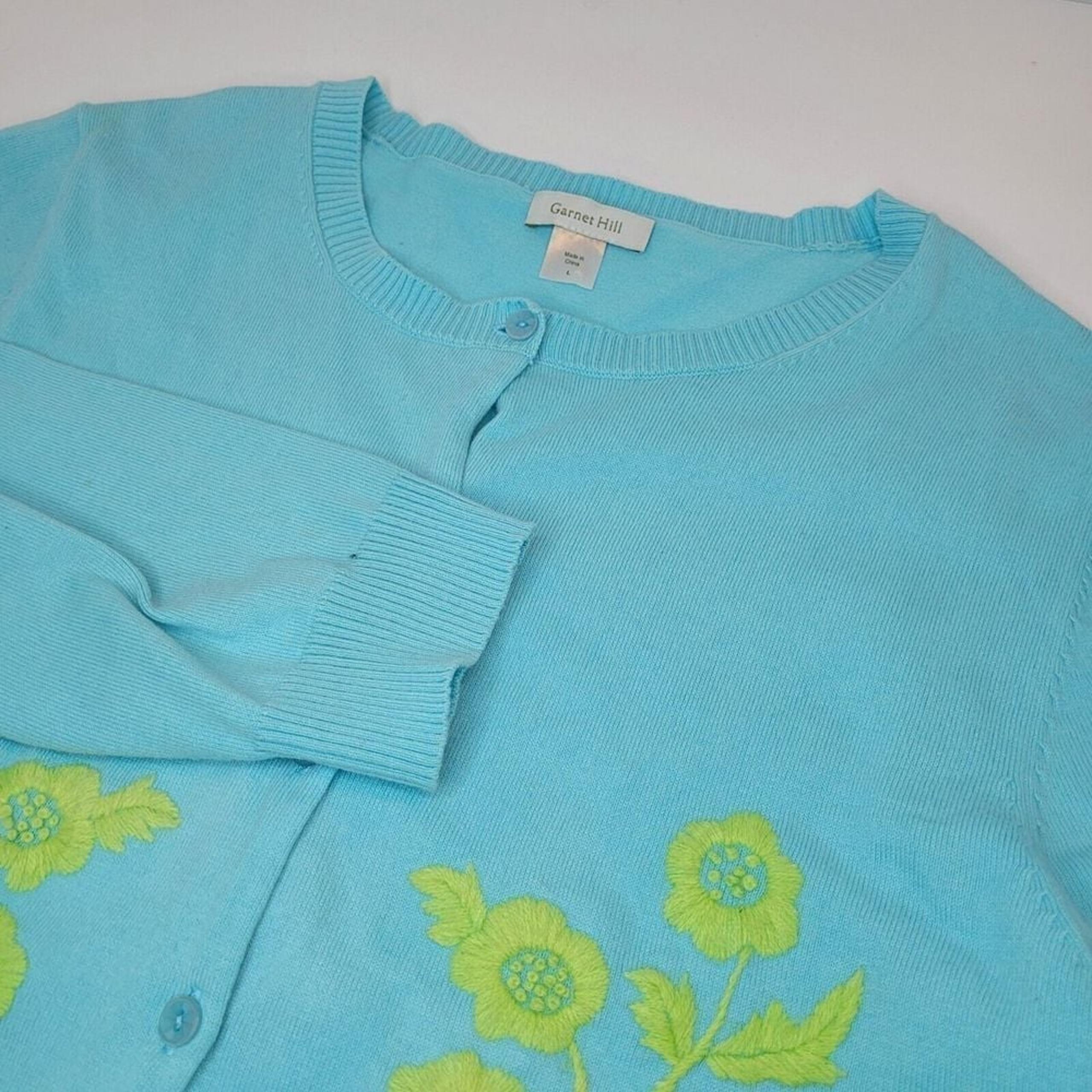 Garnet Hill, Blue Cardigan Sweater, Floral Embroidary, 3/4 Sleeve, Size L