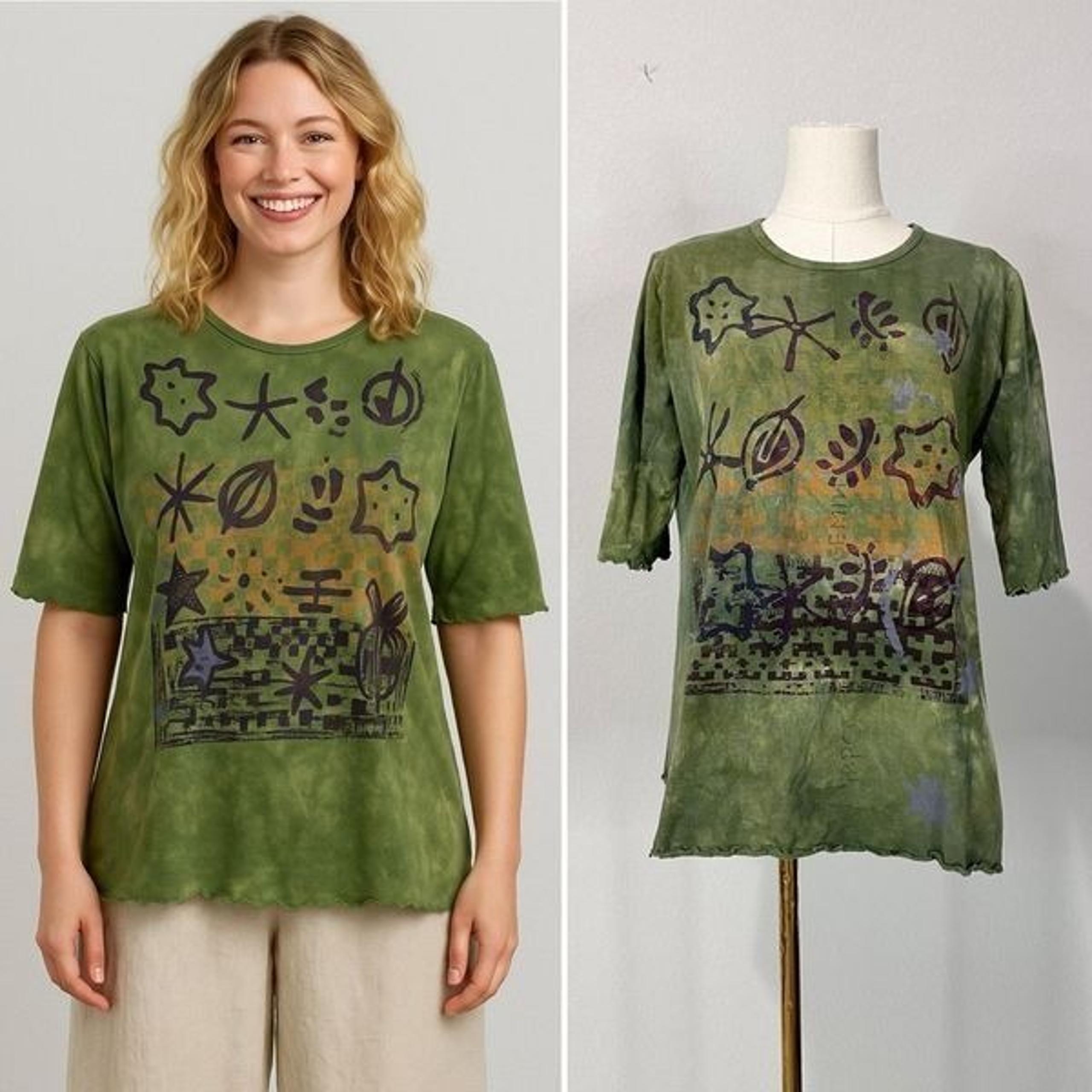 90s Blue Fish Hand Printed Organic Cotton Top Sz 0 / M Lagenlook Boho Artwear