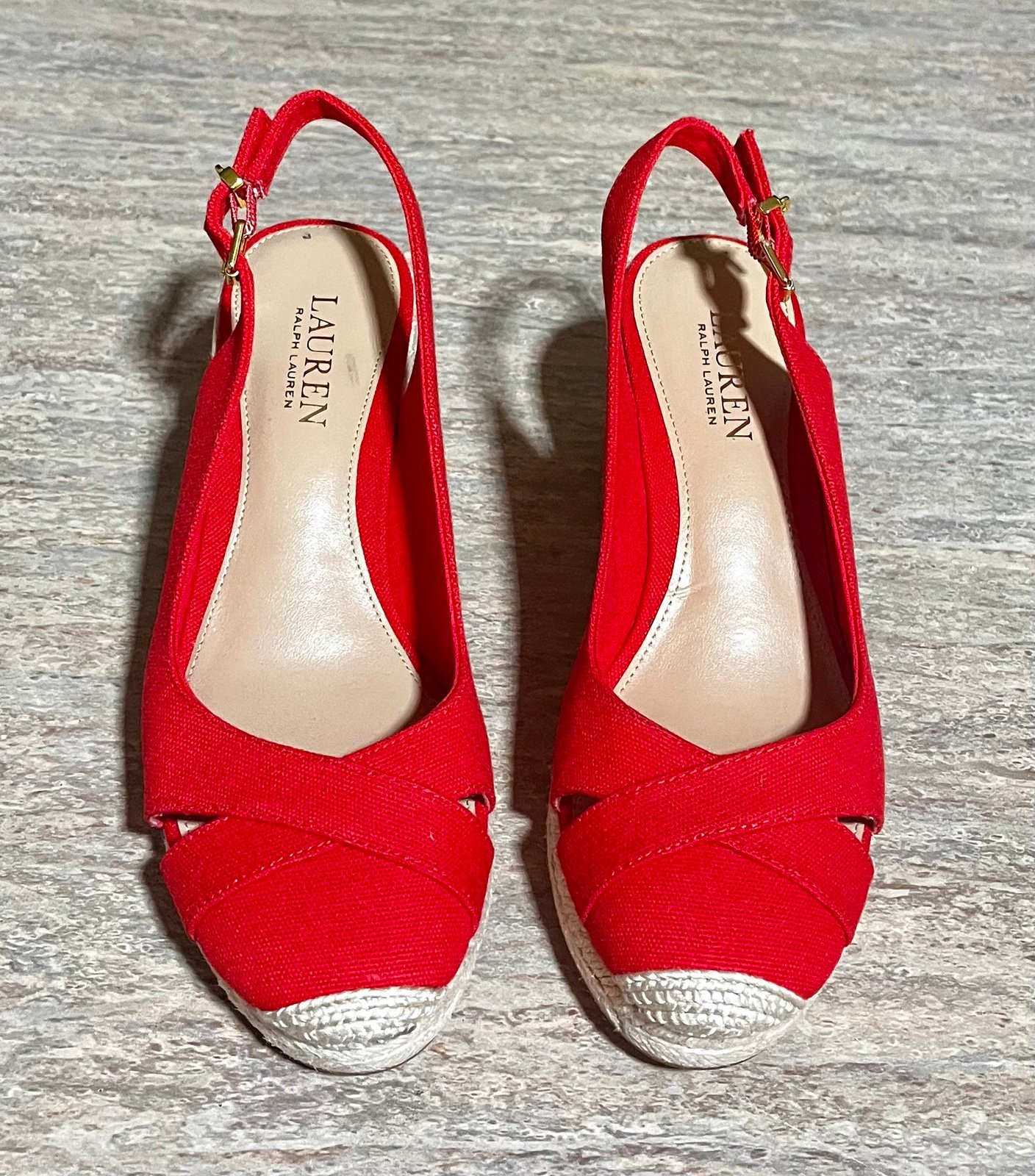 NWOB Lauren Ralph Lauren red wspadrille wedge Sandals with gold charm