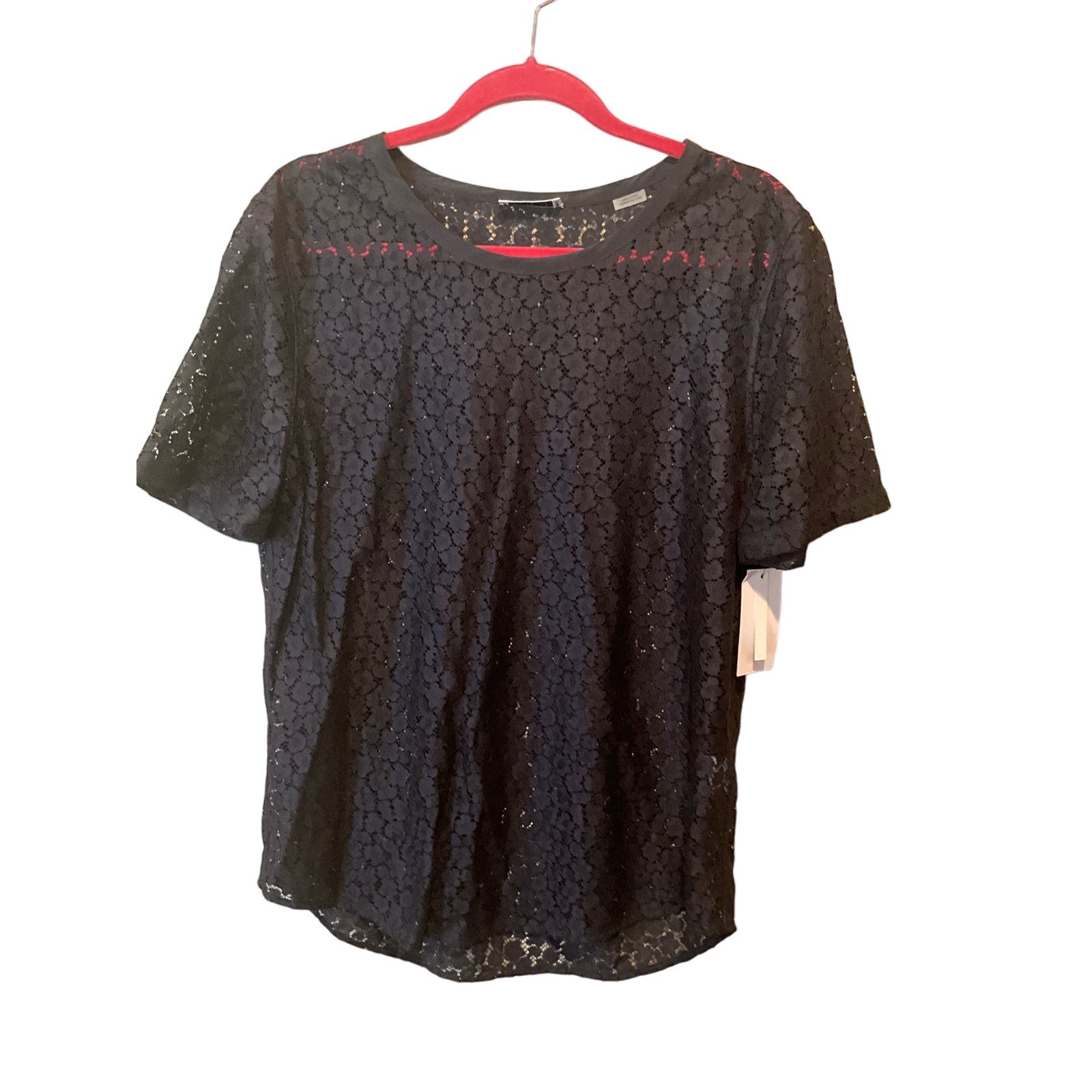 Equipment Femme Blouse Top Women SZ L Black Lace Crew Neck Short Sleeve Pullover