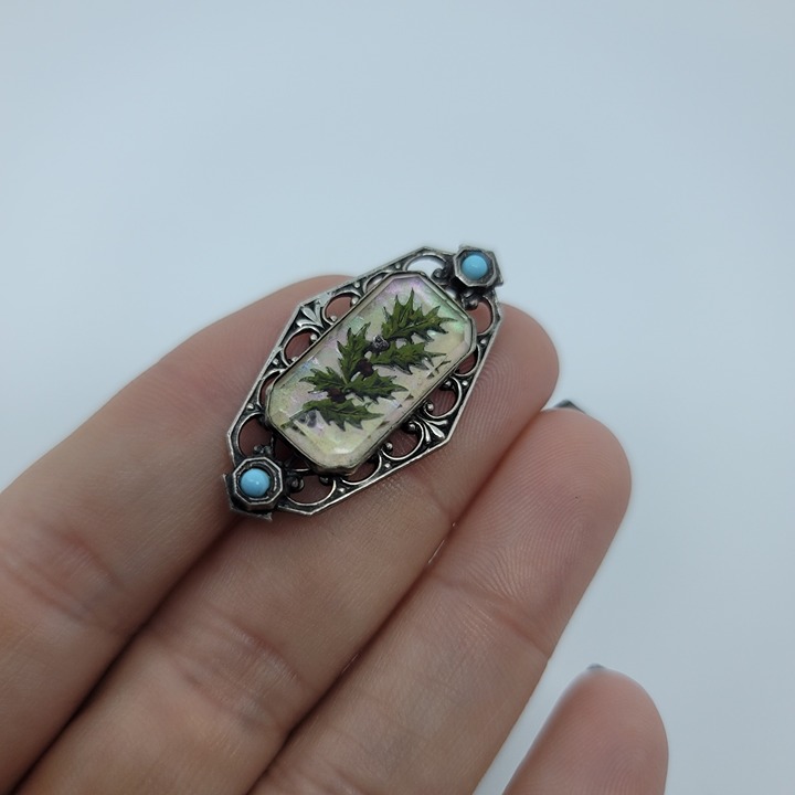 Vintage Reverse Painted Glass Mistletoe, Turquoise & Sterling Brooch