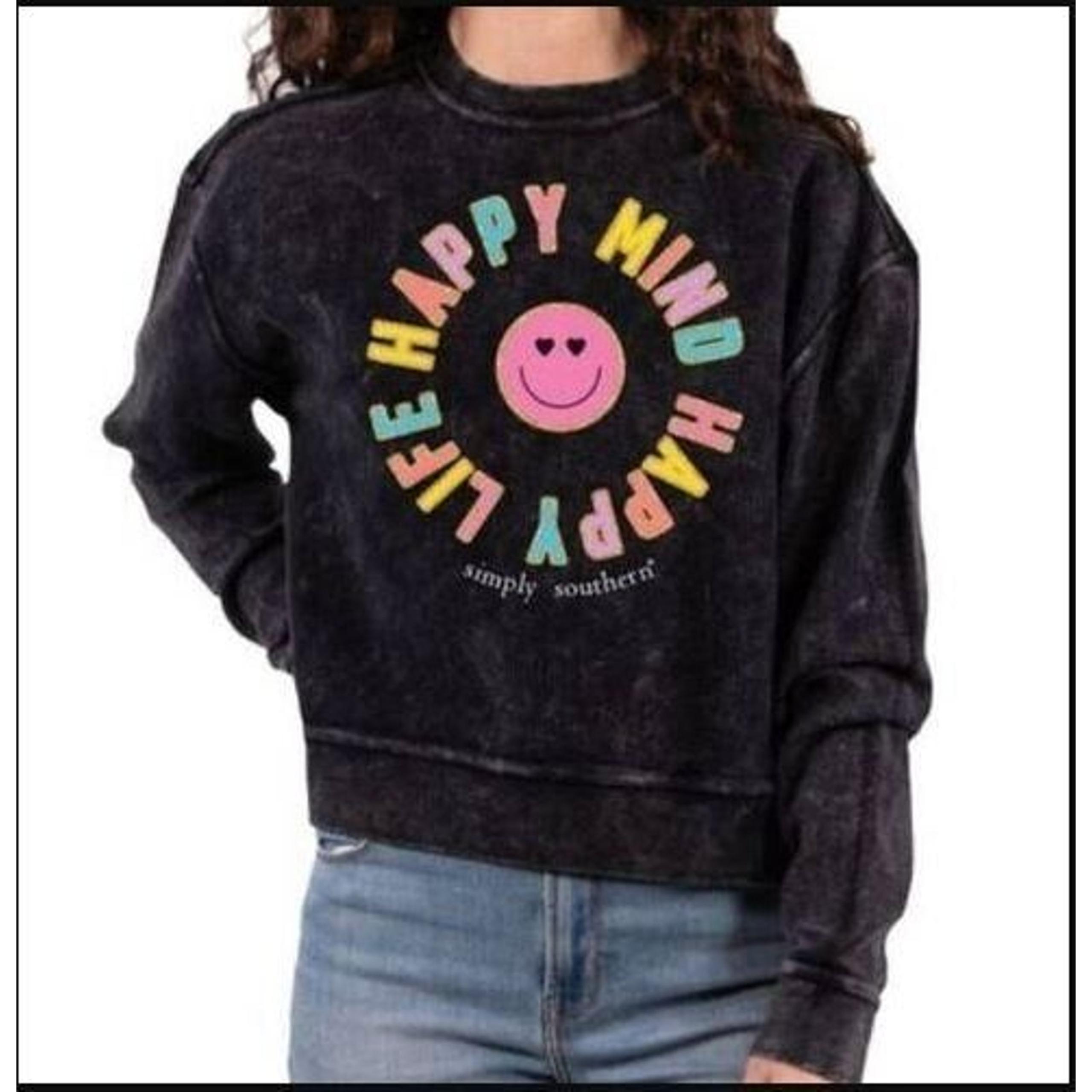 Simply Southern Sweatshirt Happy Mind Happy Life Womens Medium Gray Cropped