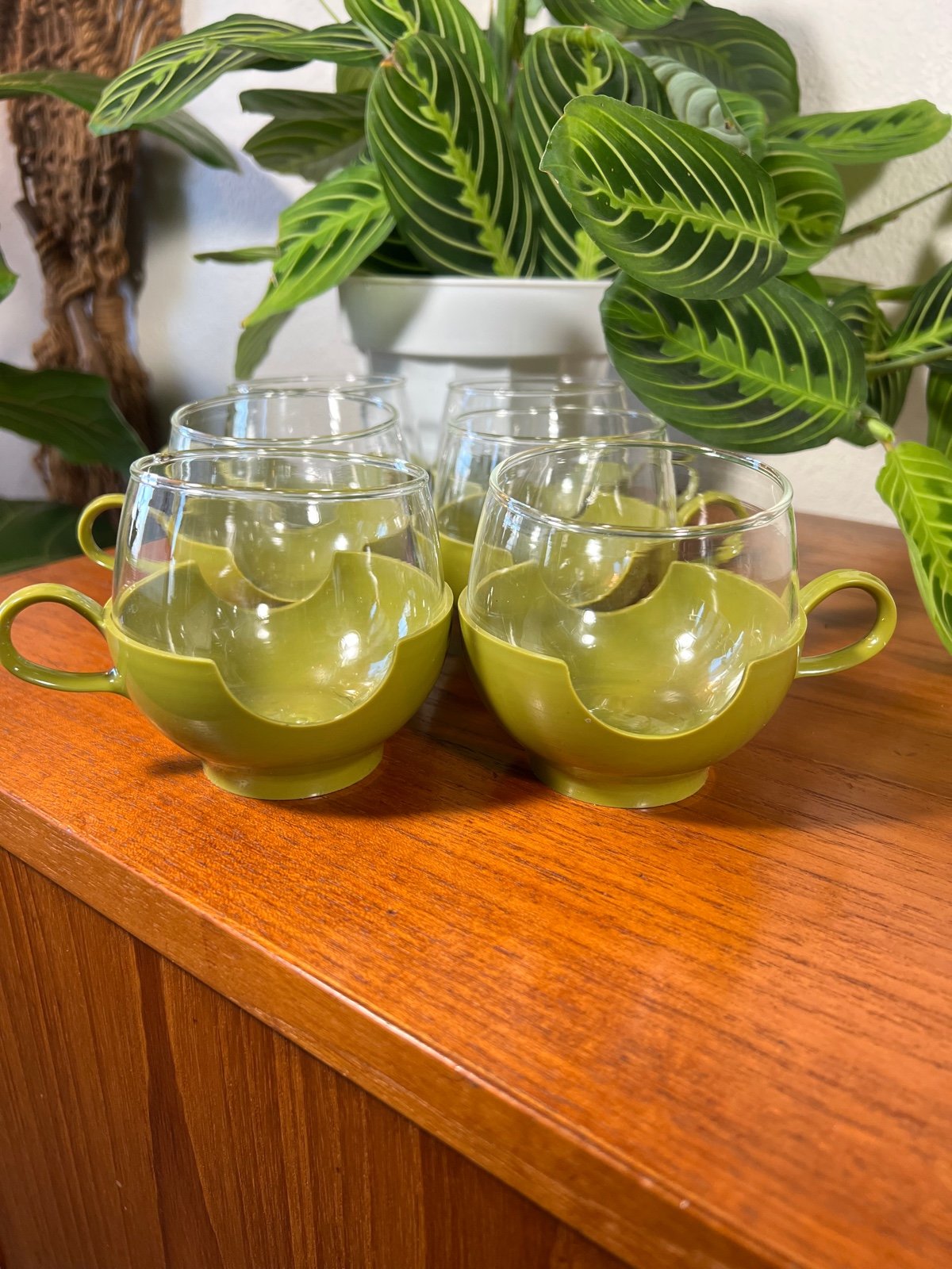 Vintage Set of 6 Pyrex Avocado Green Roly Poly Mugs With detachable base